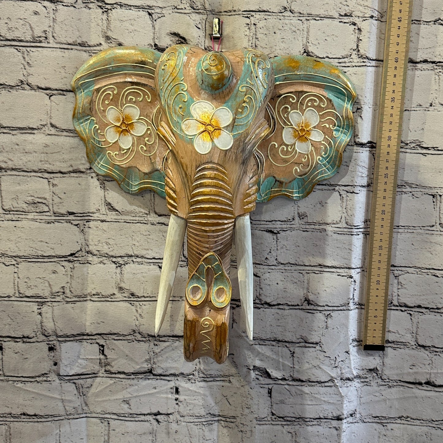40cm x 35cm Green Flower Painted Wood Elephant Head Wall Mounted Art Shabby