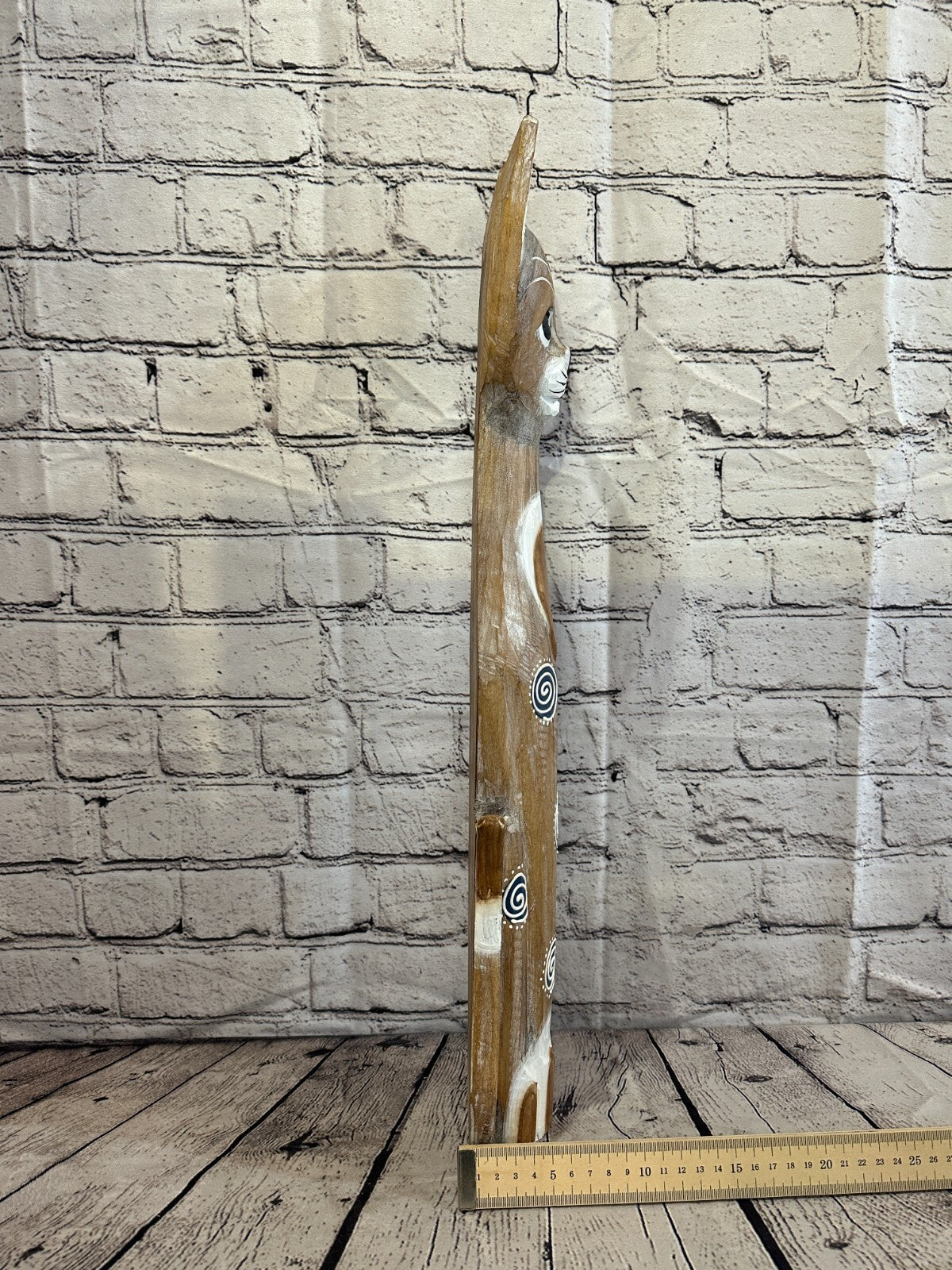 60cm Light Brown Flower Wooden Shabby Cat Statue Ornament Fair Trade Handcarved