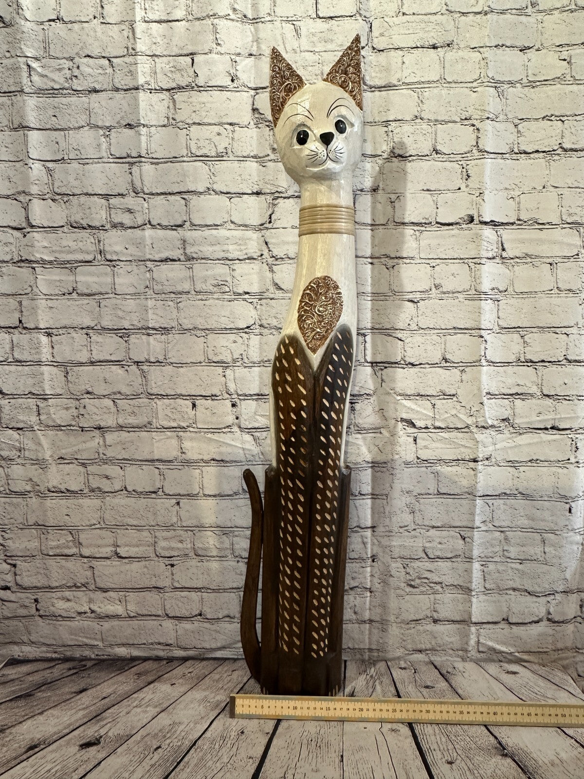 100cm Brown White Flower Wooden Shabby Cat Statue Ornament Fair Trade Handcarved