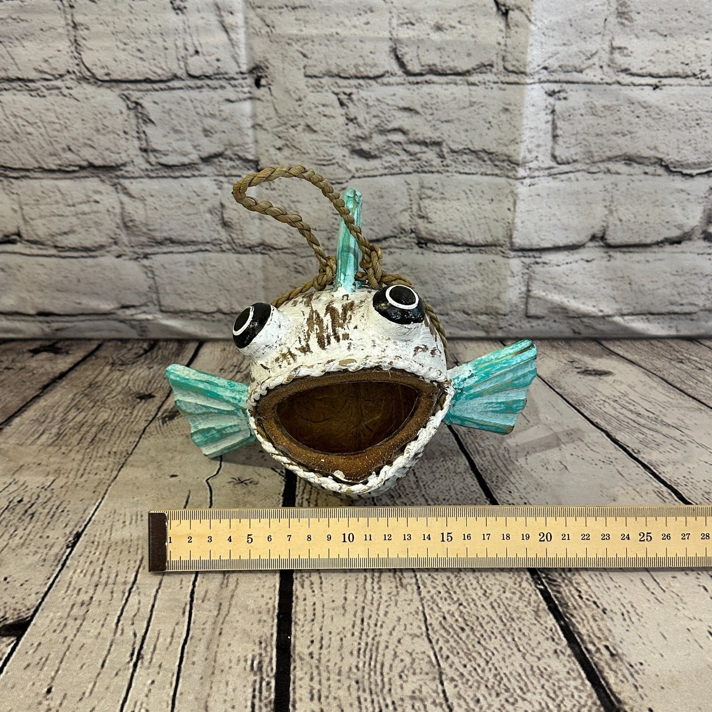Green White Folk Art Hand Painted Shark Fish Coconut Shell Ornaments Hanging