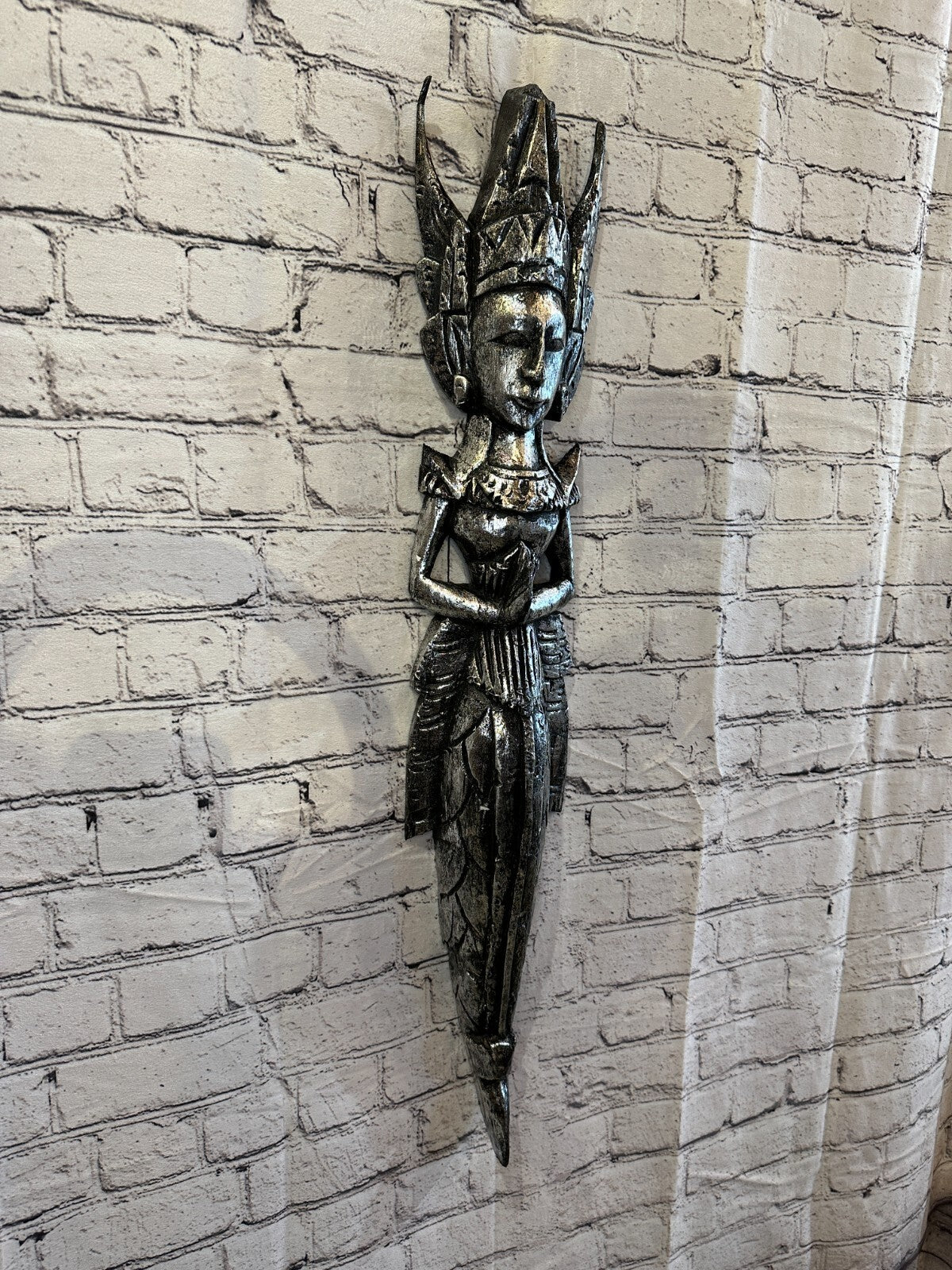 Silver Antique Colour Sita Dewi Bali Rice Goddess Wings Mermaid Wood 80cm Pair