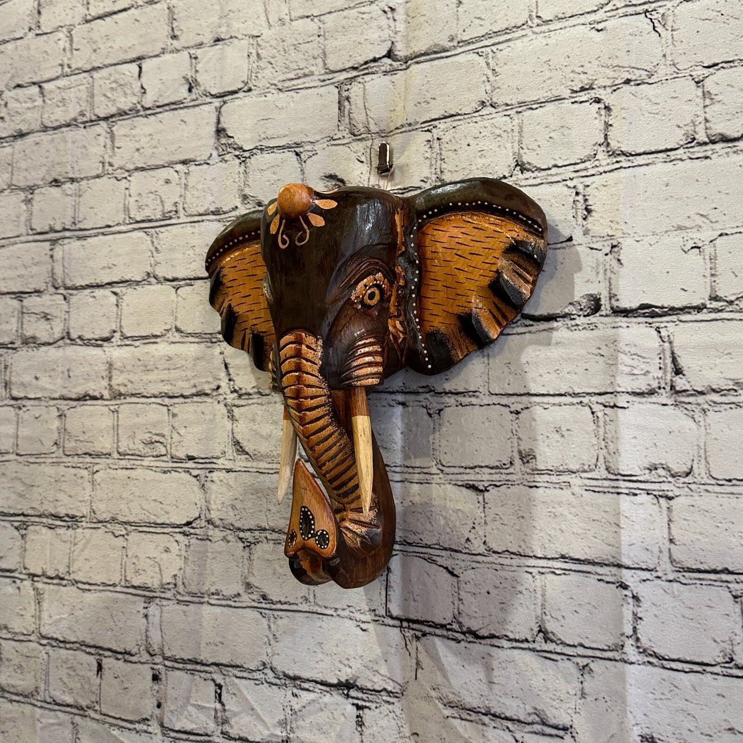 30cm x 30cm Brown Painted Wood Elephant Head Wall Mounted Art Large Shabby
