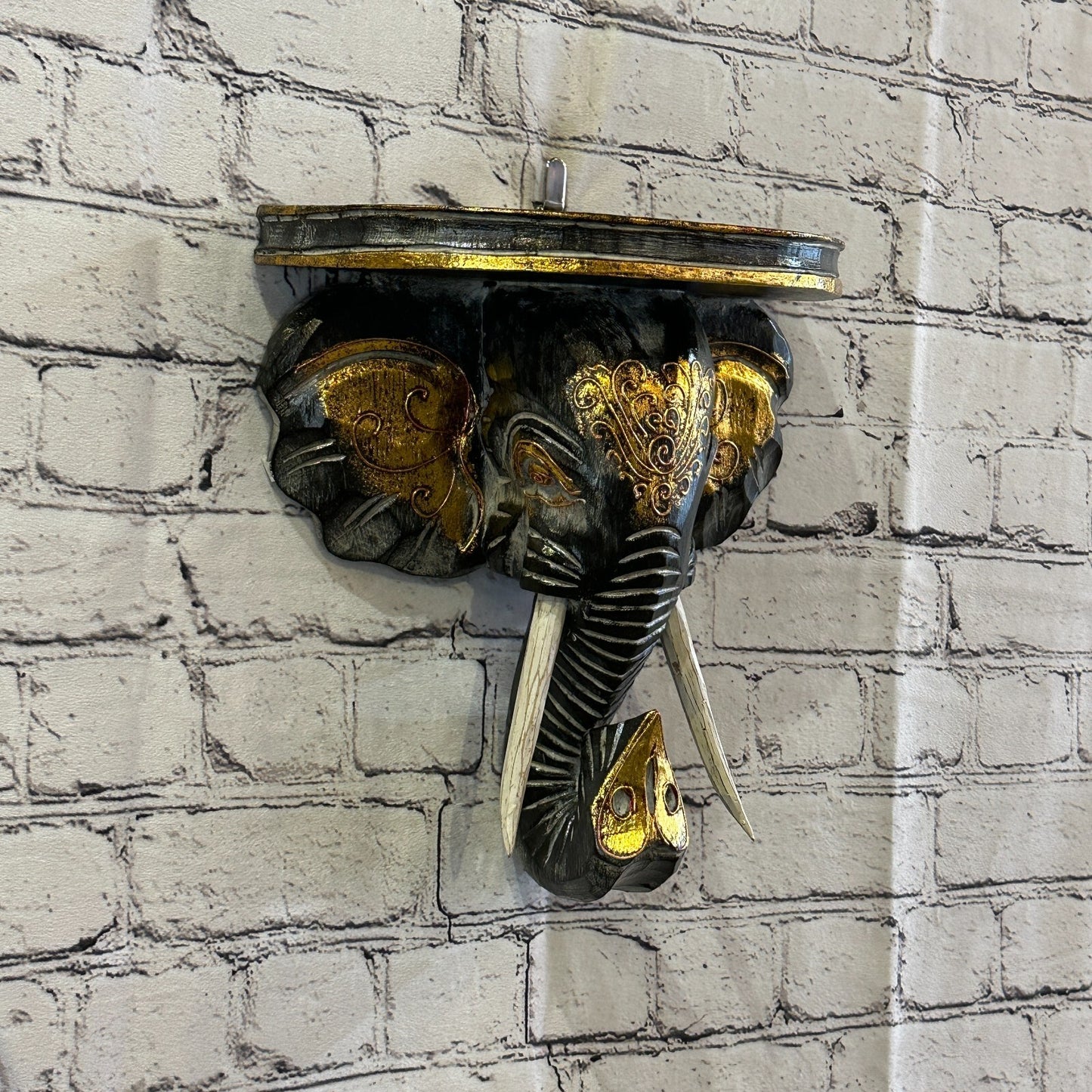 25cm x 25cm Black Gold Shelf Wood Elephant Head Wall Mounted Art Large Shabby