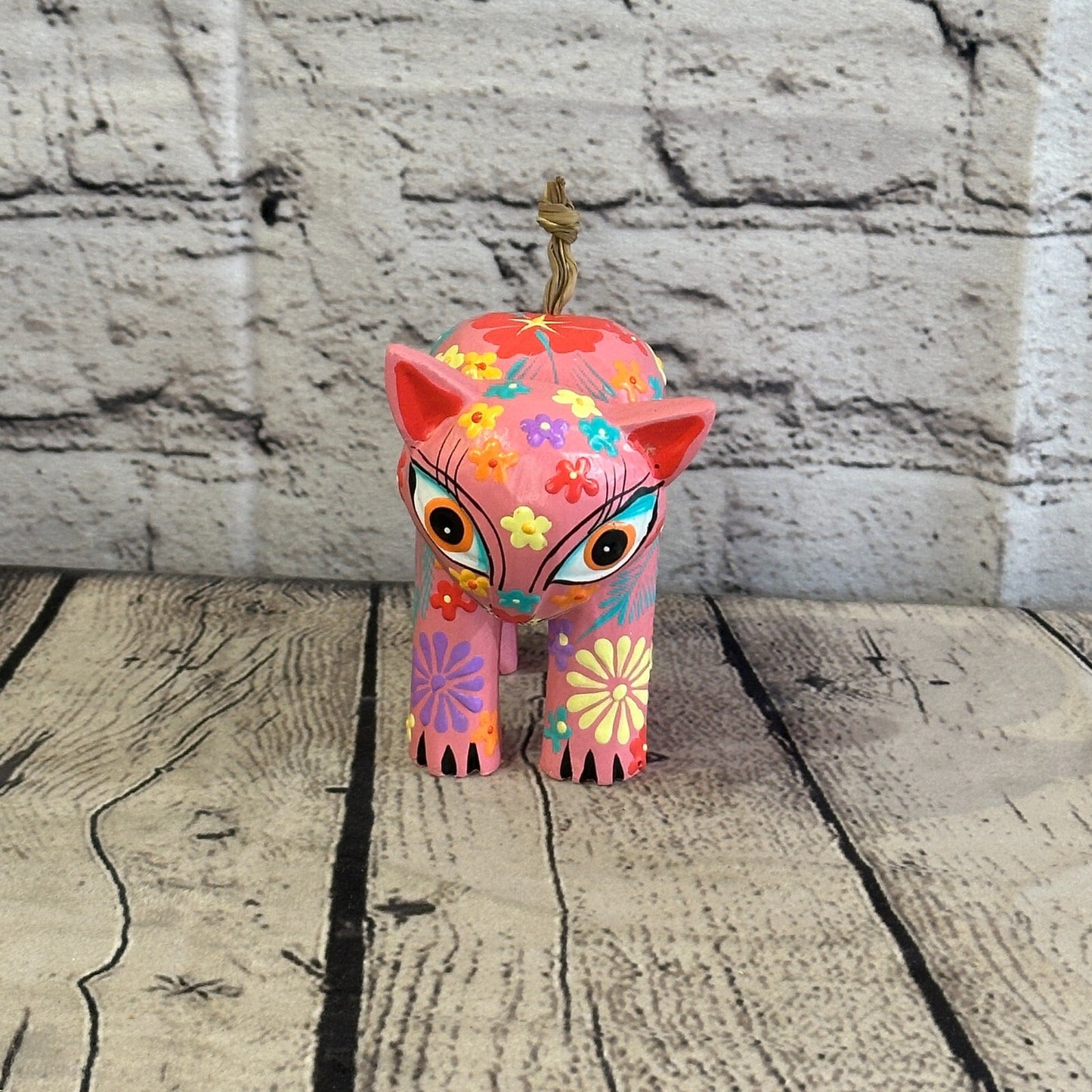 Pink Small Wooden Cat With Flower Pattern 10cm x 8cm Handmade and Fairtrade