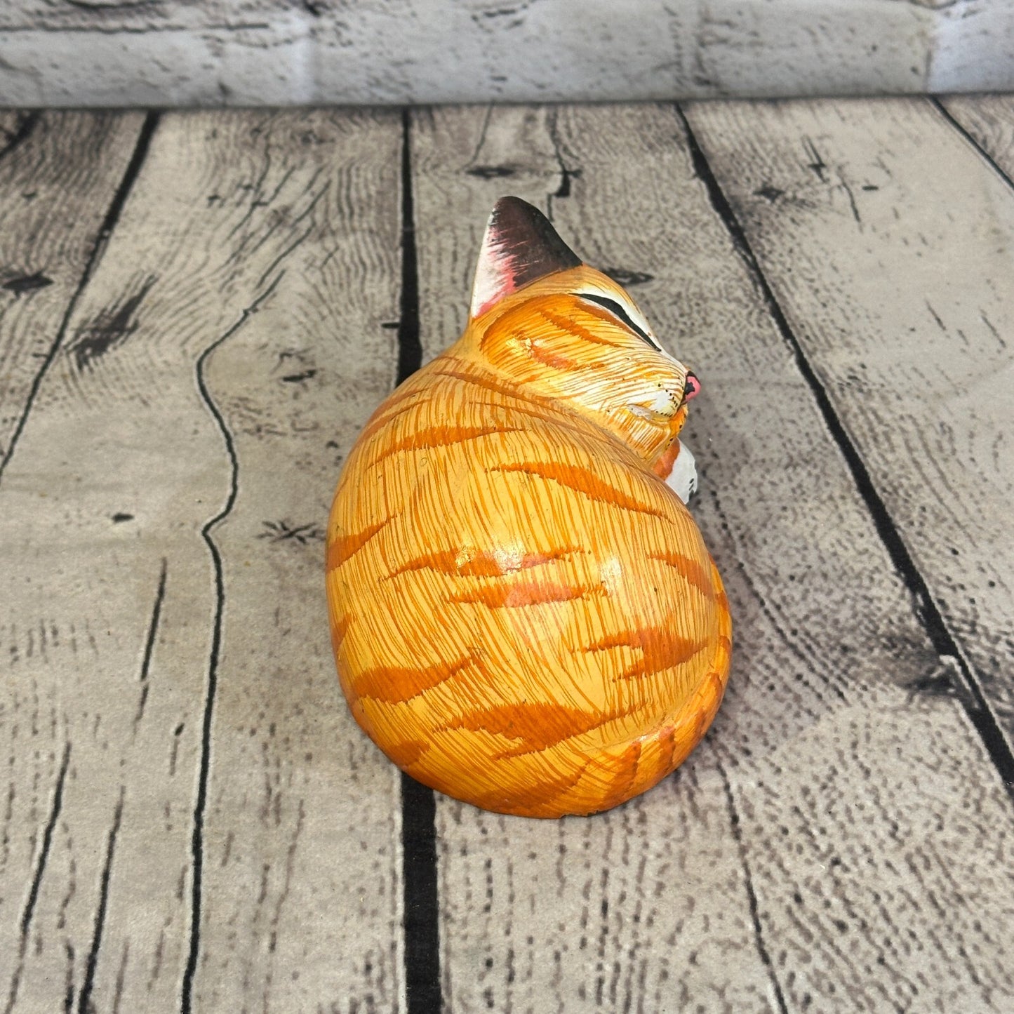 14cm Orange Style Painted Wooden Hand Carved Snoozing Cat Sleeping Cat Wooden