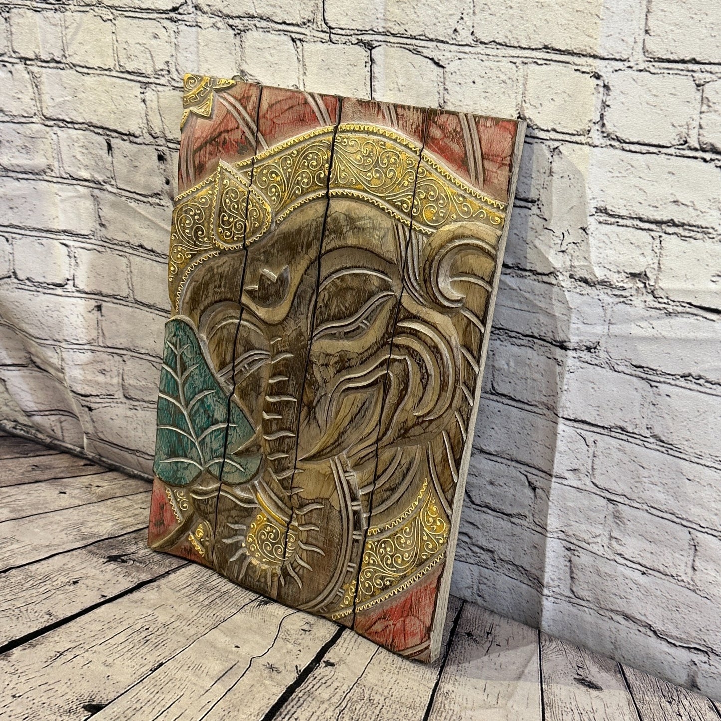 Wooden Wood Panel 45cm Pastel Colour Ganesh Lotus Wall Art Plaque Handcarved