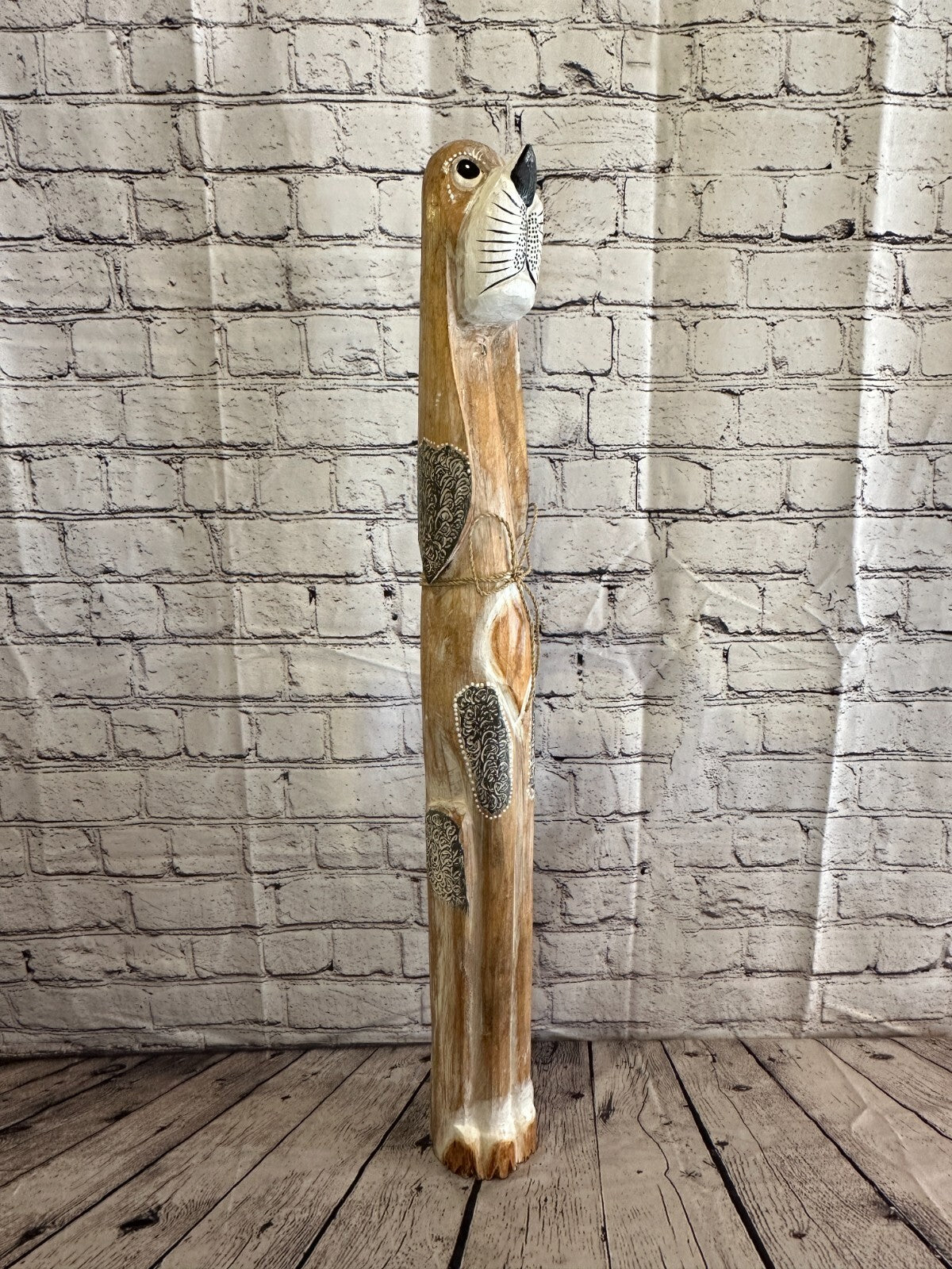 80cm Light Brown Flower Wooden Shabby Dog Statue Ornament Fair Trade Handcarved