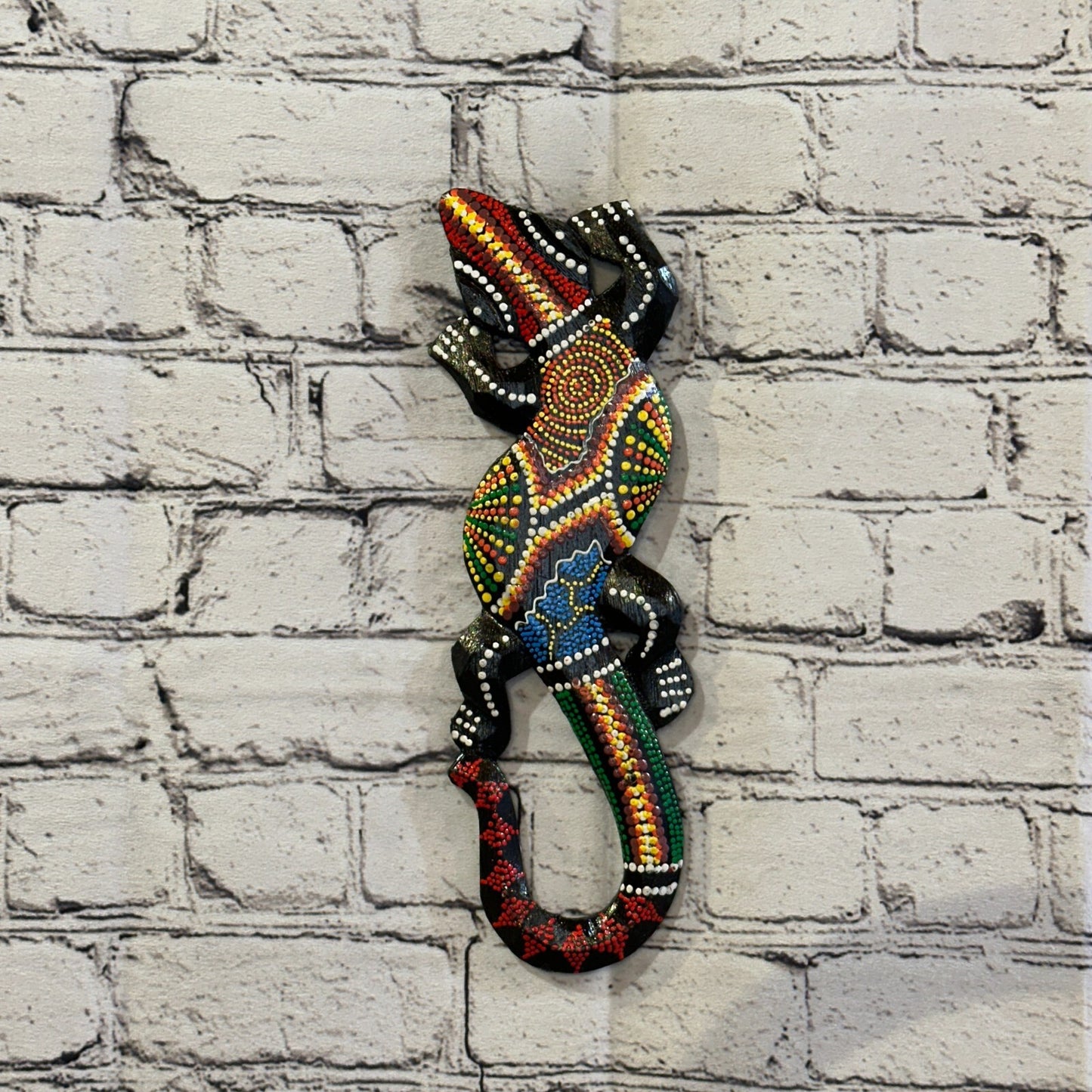 30cm Gecko Carved Wooden Dot Painted Ethnic Tribal Tiki Wall Handmade No 6