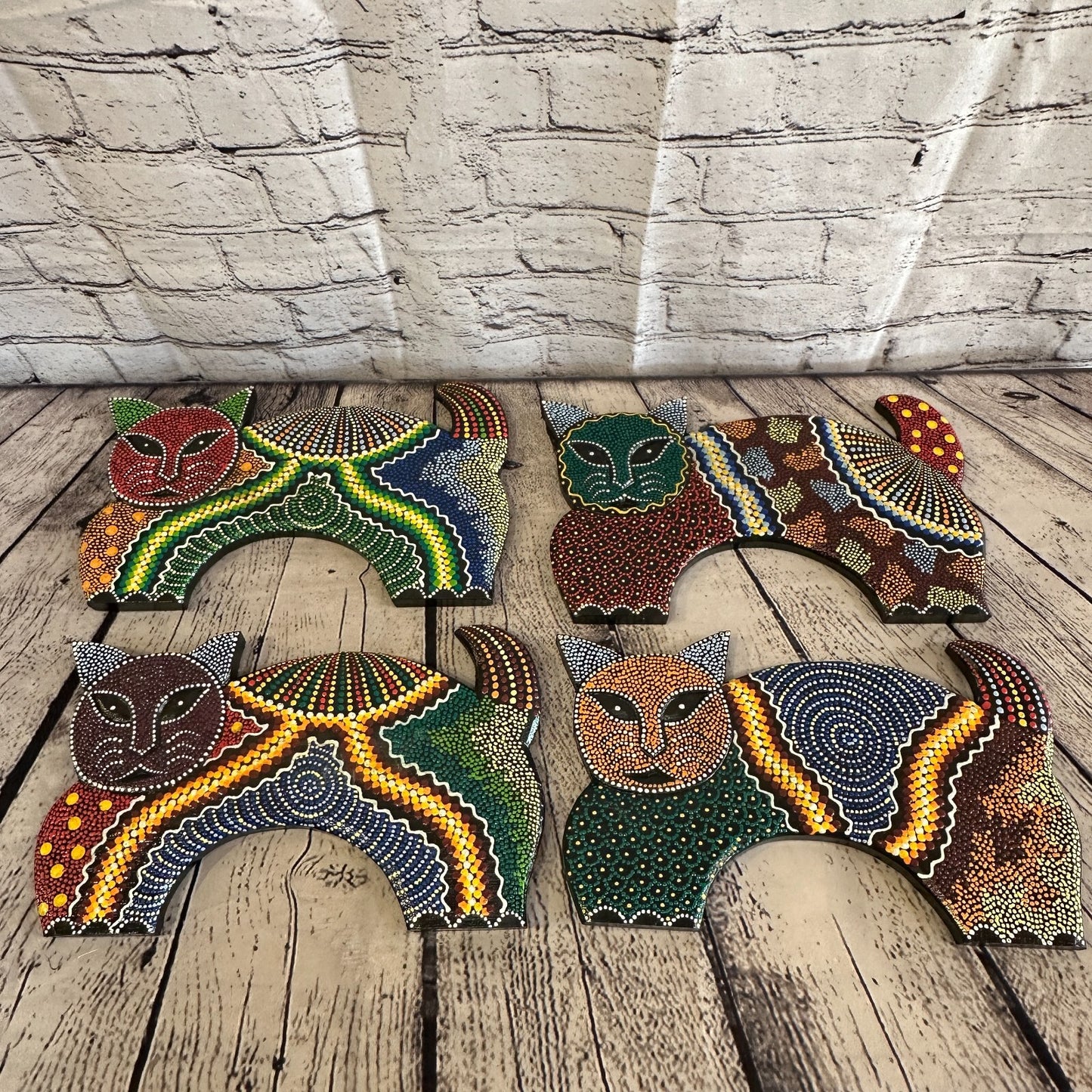 30cm Green Cat Carved Wooden Dot Painted Ethnic Tribal Tiki Wall Art Handmade