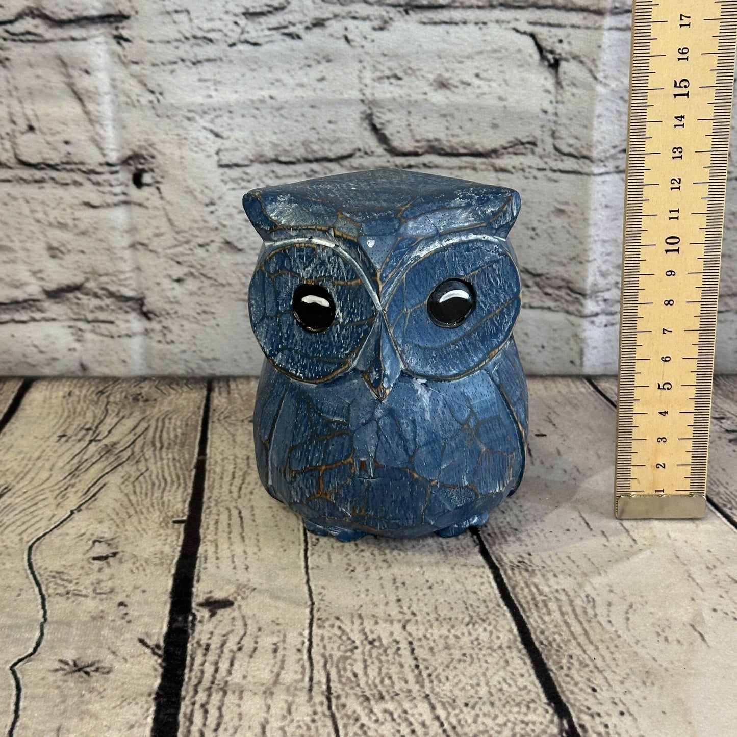 12cm x 10cm Blue Flower Wooden Shabby Owl Statue Ornament Fair Trade Handcarved