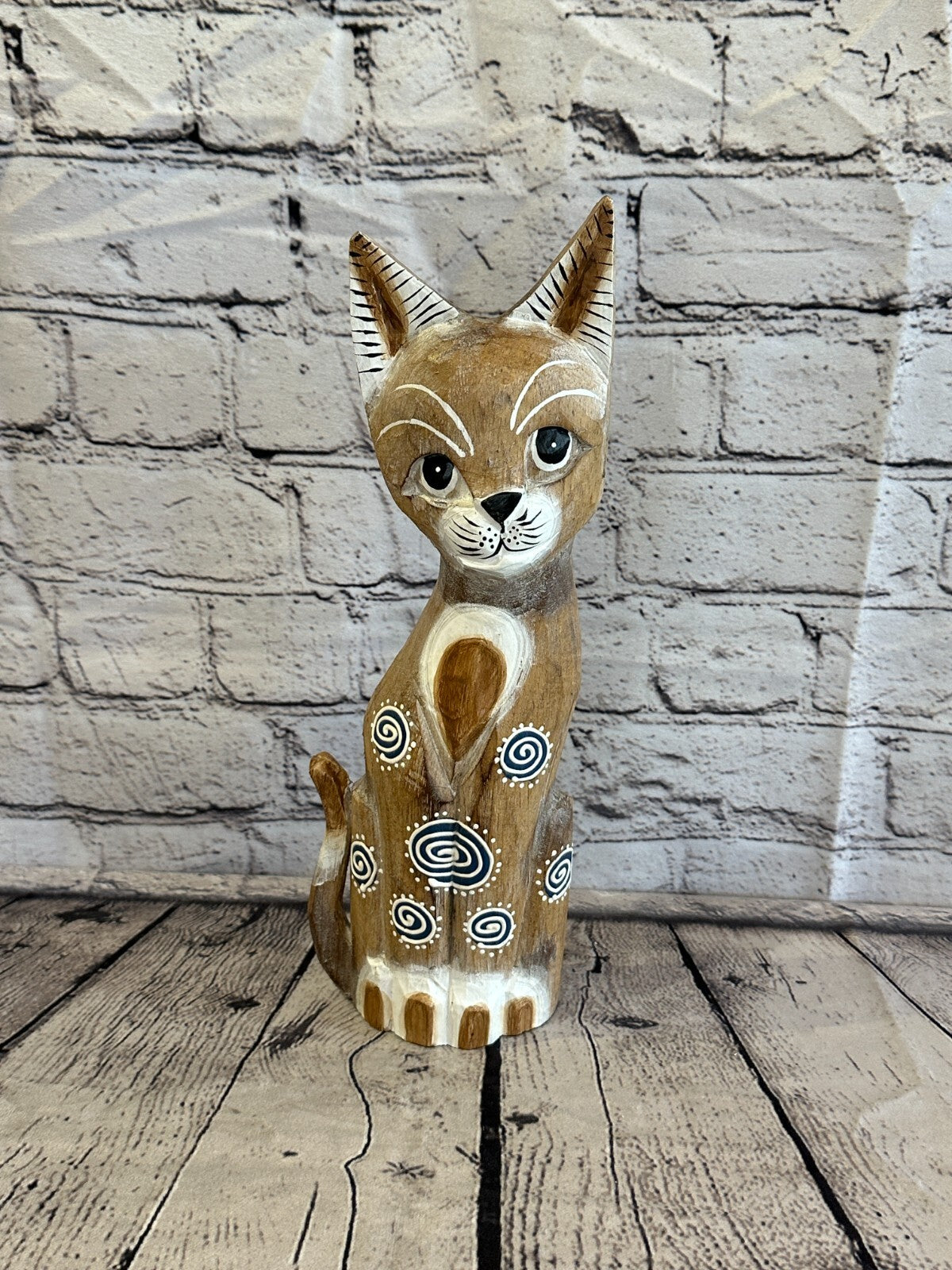30cm Light Brown Flower Wooden Shabby Cat Statue Ornament Fair Trade Handcarved