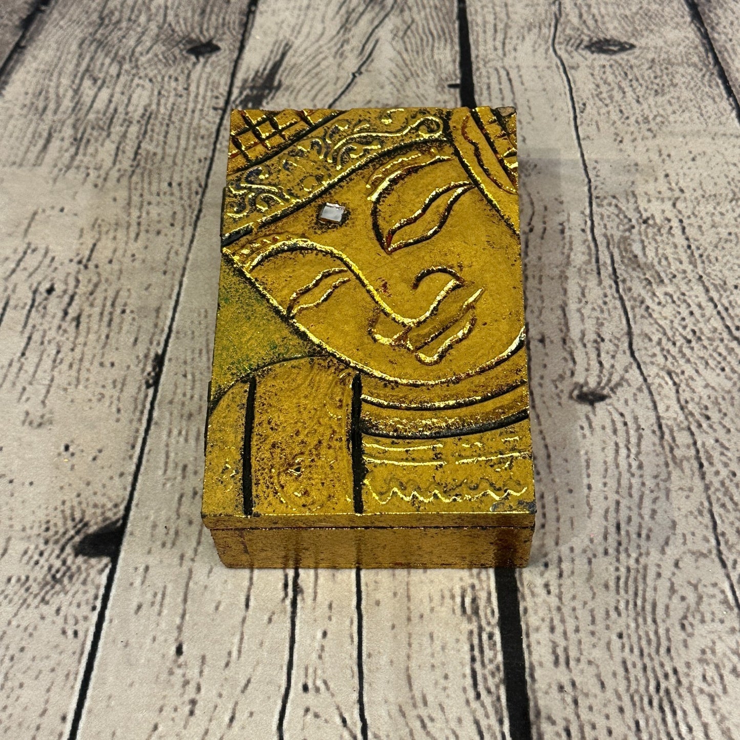 Bright Gold Thai Buddha Head 10cm x 15cm x 4cm Wooden Box Trinket Handmade