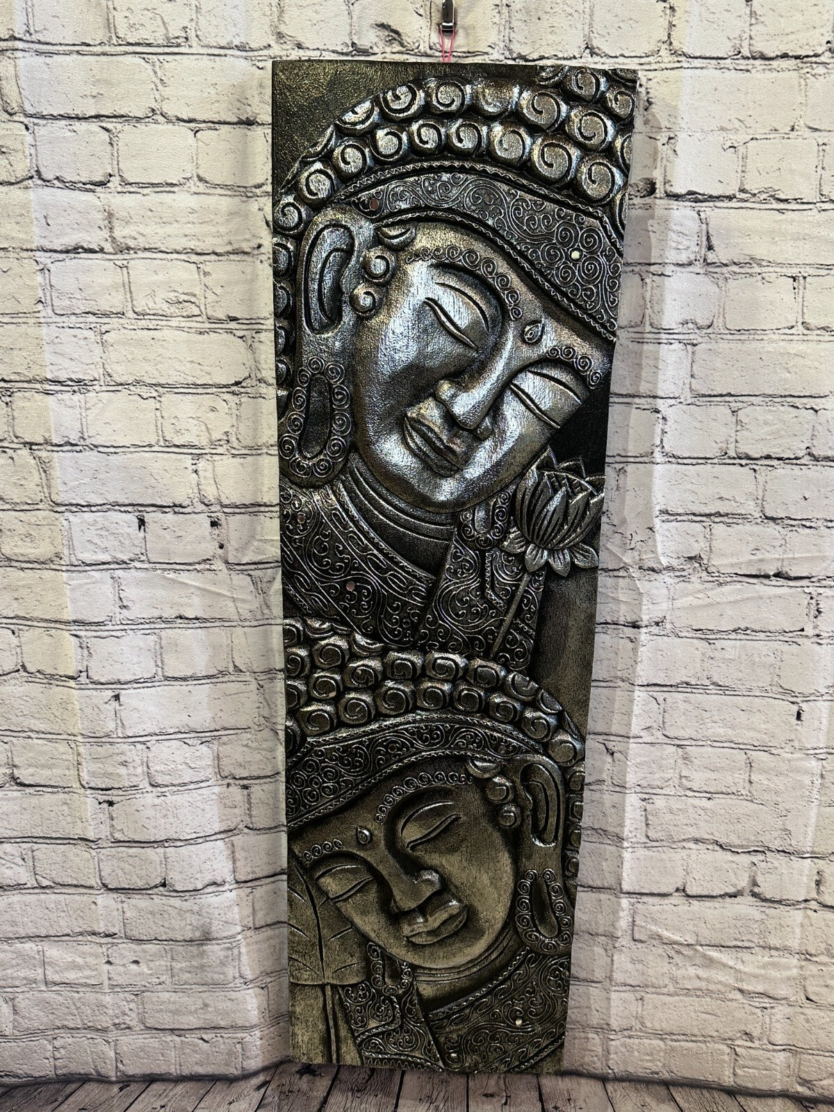100cm x 30cm Tall Buddha 2 Faces Silver Wooden Wood Panel Wall Art Plaque