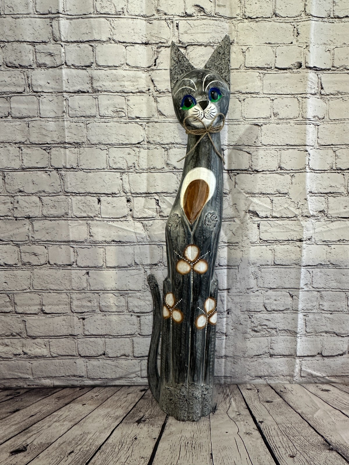 80cm Grey Swirl Flower Wooden Shabby Cat Statue Ornament Fair Trade Handcarved