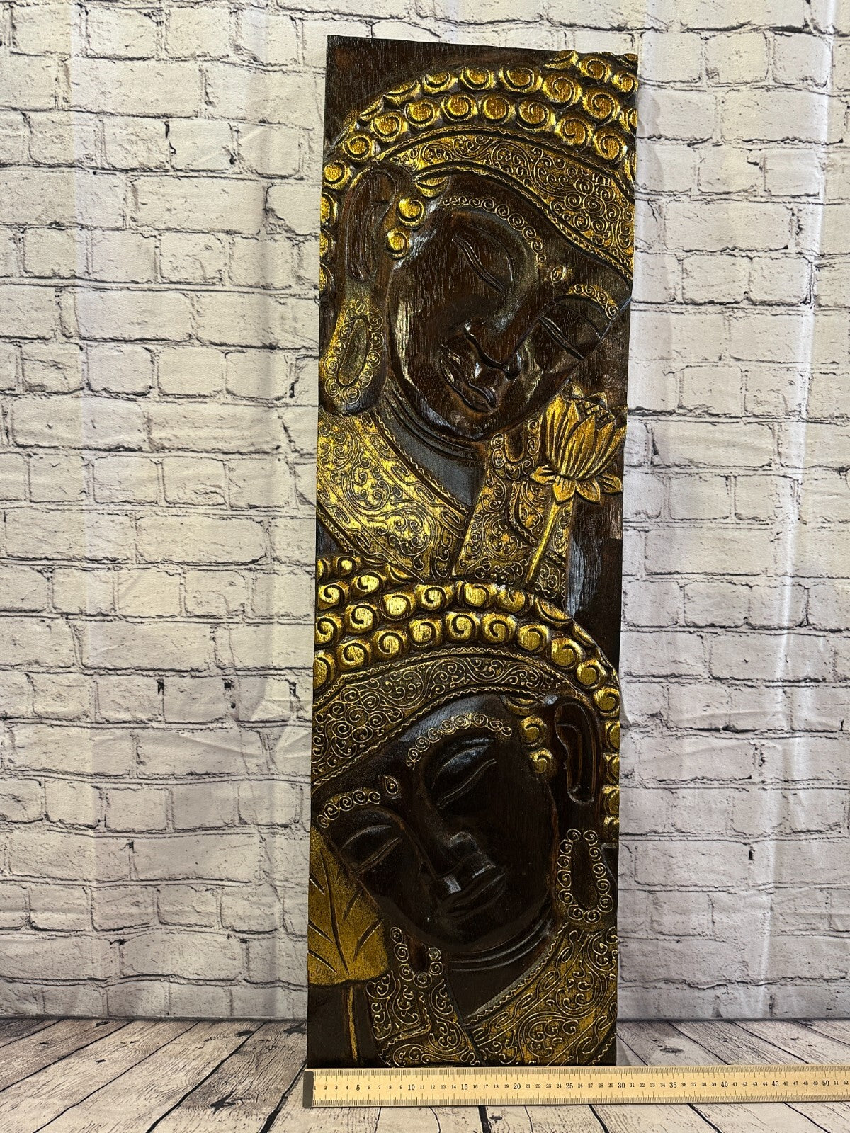 100cm x 30cm Tall Buddha 2 Faces Brown Wooden Wood Panel Wall Art Plaque