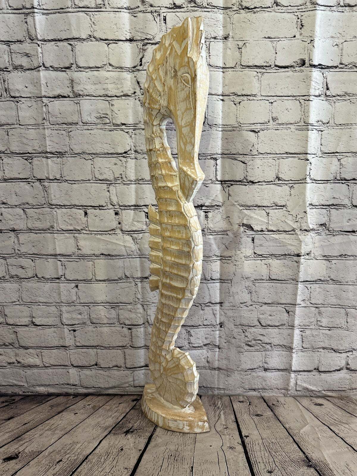 80cm White Plain Wooden Shabby Seahorse Statue Ornament Fair Trade Handcarved