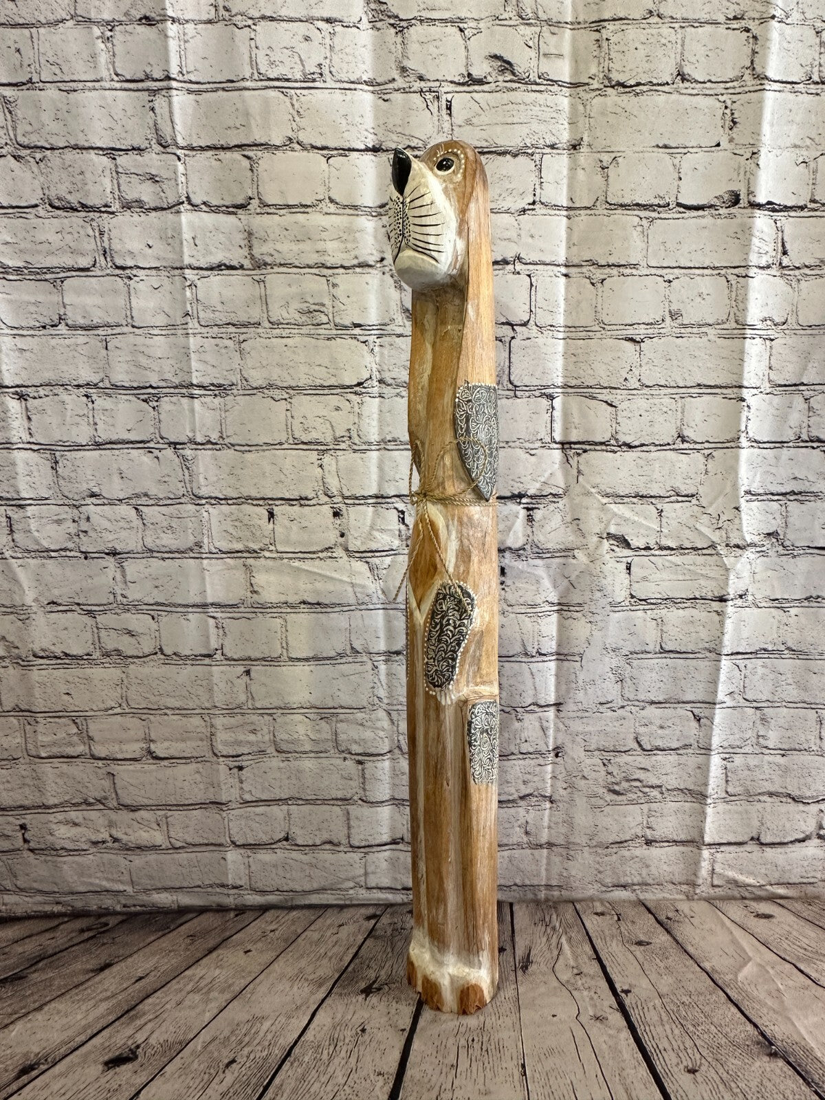 80cm Light Brown Flower Wooden Shabby Dog Statue Ornament Fair Trade Handcarved