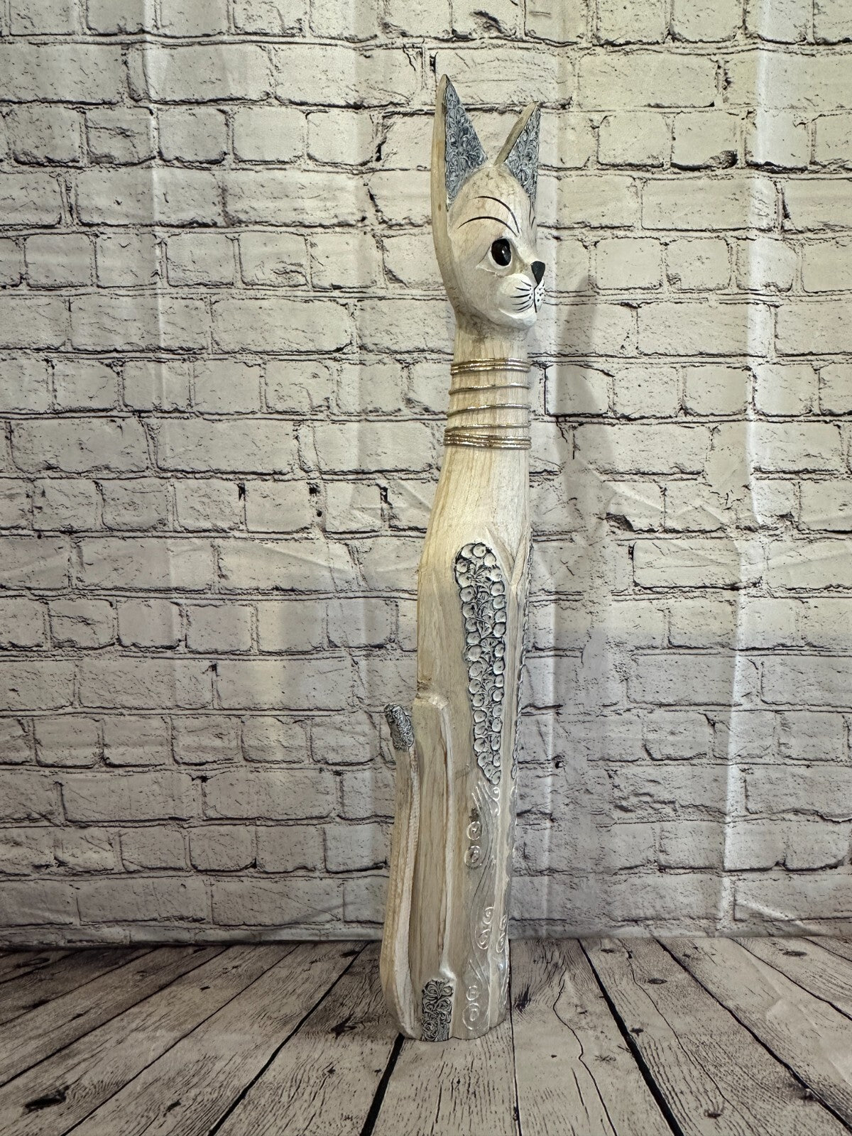 80cm White Swirl Flower Wooden Shabby Cat Statue Ornament Fair Trade Handcarved