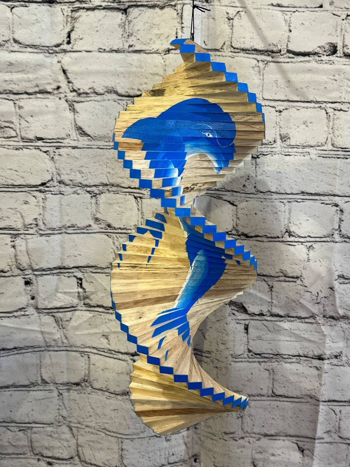 40cm Blue Dolphin Wind Spinner Wooden Spiral Mobile Garden Ornament