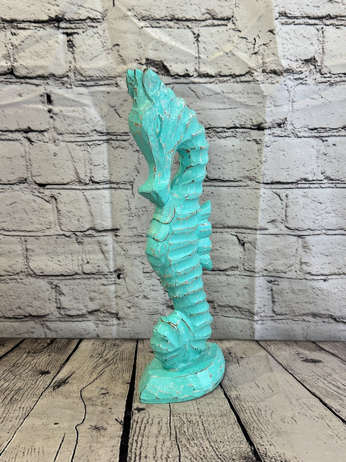 30cm Green Plain Wooden Shabby Seahorse Statue Ornament Fair Trade Handcarved