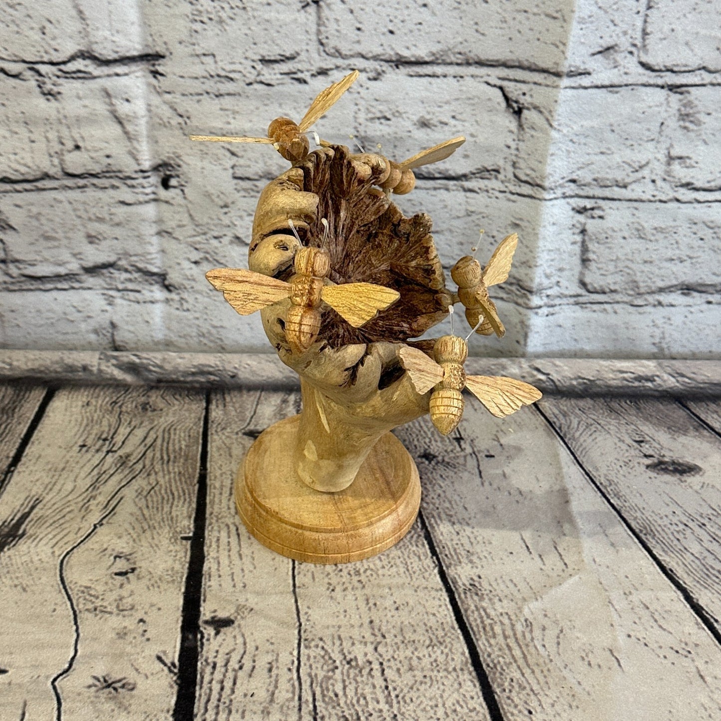 5 Bees Honeycomb Mushroom Parasite Wood Ornament Natural Carving Wooden Standing