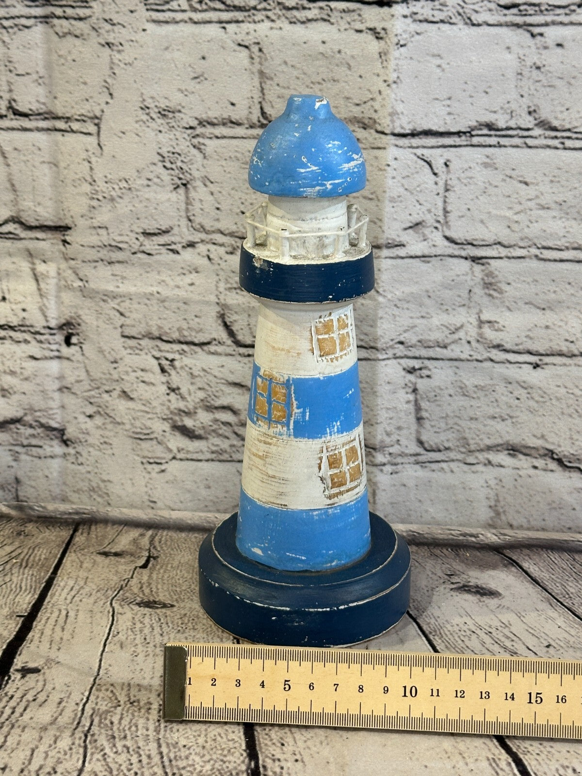 25cm Blue White Wooden Lighthouse Ornament Nautical Coastal Sculpture Statue