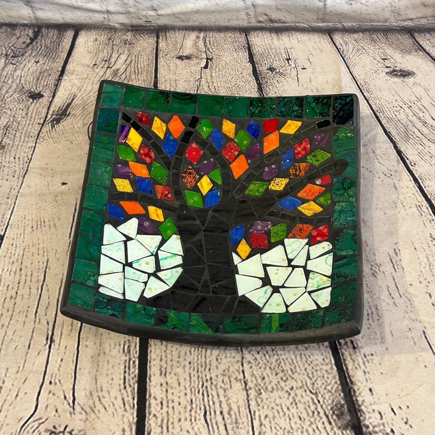 20cm Rainbow Tree Of Life Square Mosaic Handmade Ceramic Glass Tile Bowl Fruit