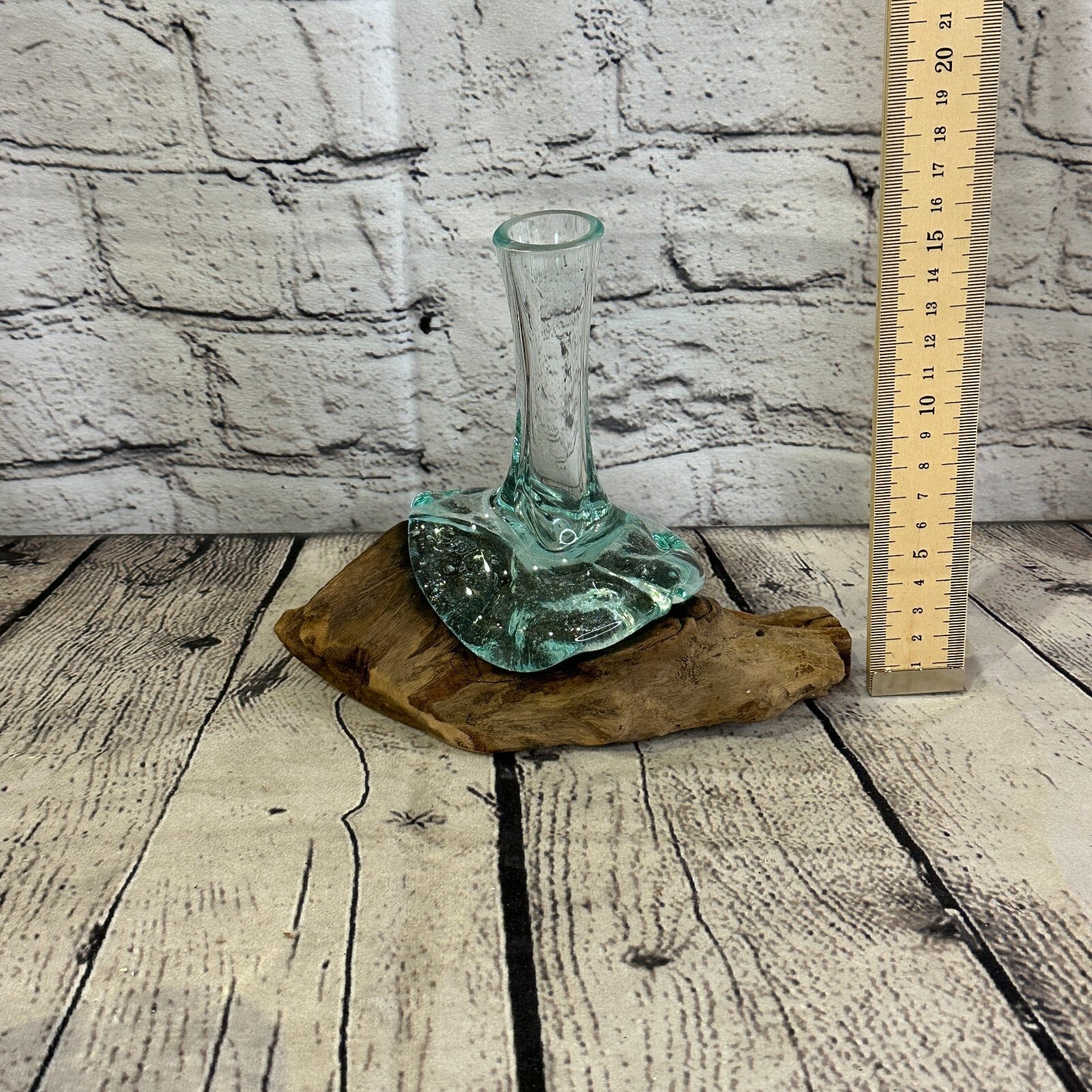 15cm x 10cm Molten Glass Round Vase Natural Root Wood Base Stand Decor Ornament