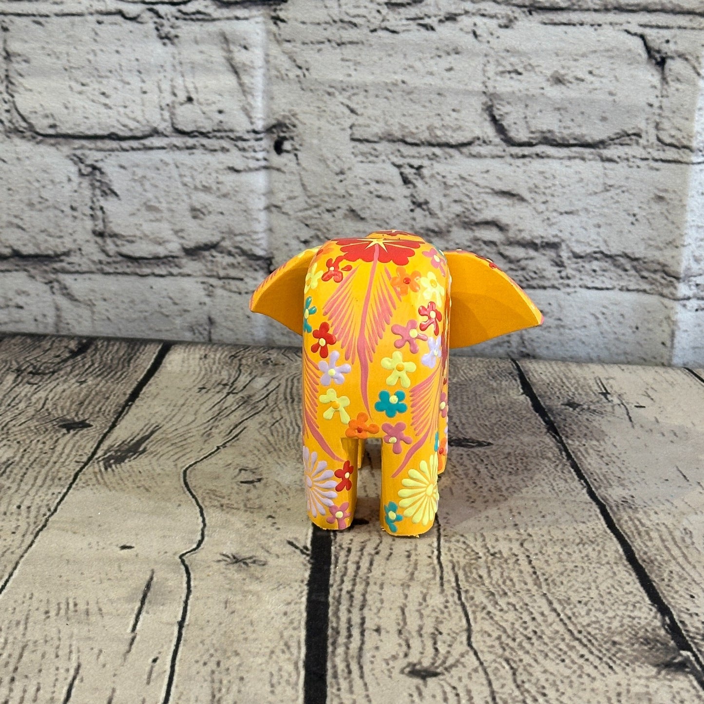 Orange Wooden Elephant With Flower Pattern 10cm x 12cm Handmade and Fairtrade