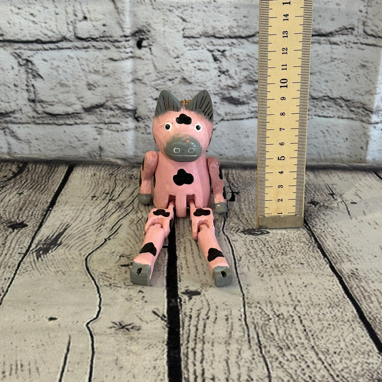 10cm Pink Pig Sitting Animal, Wooden Shelf Ornament Handmade and Fairtrade
