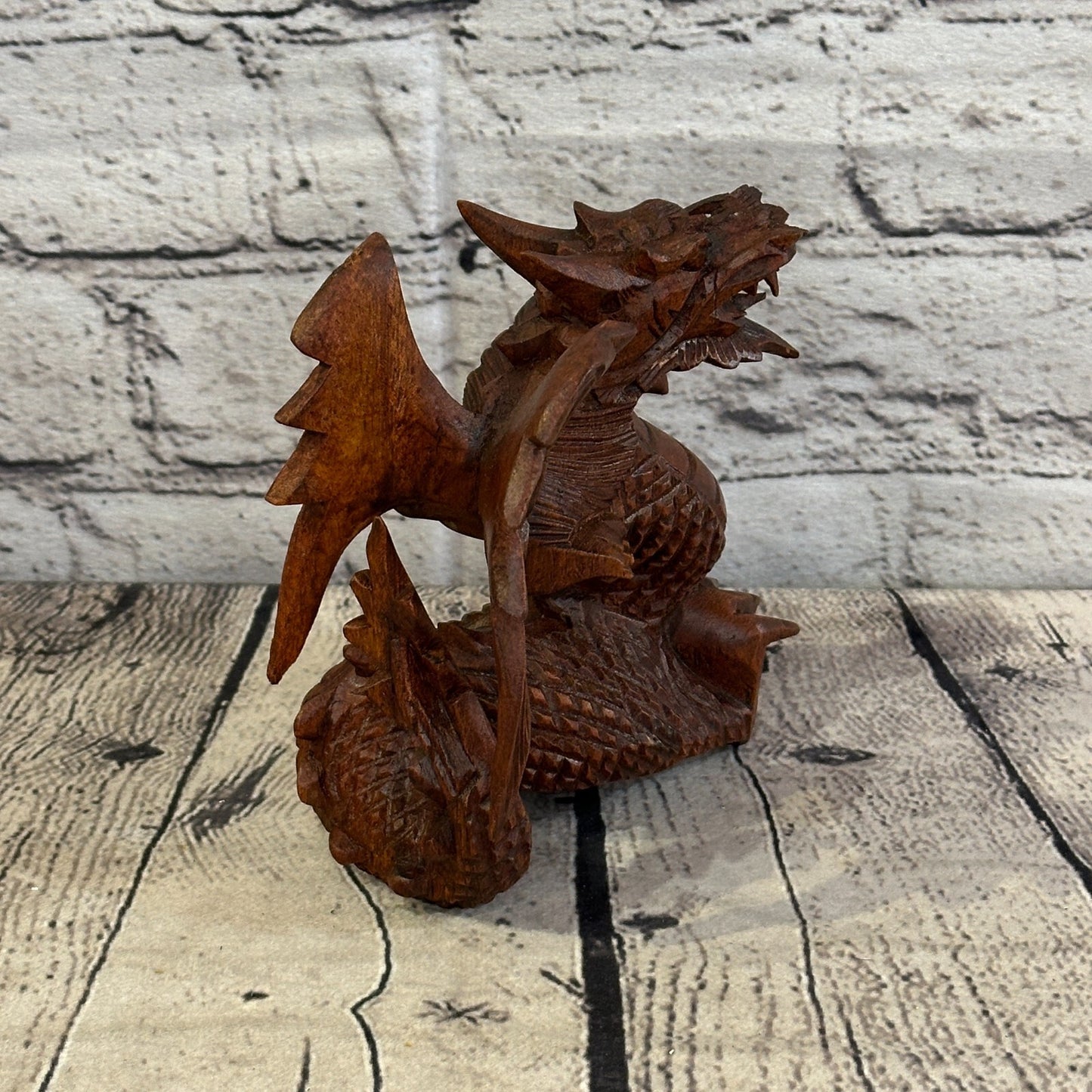 12cm x 10cm Dark Wooden Standing Dragon Carving Hand Carved Wing Back Dragon