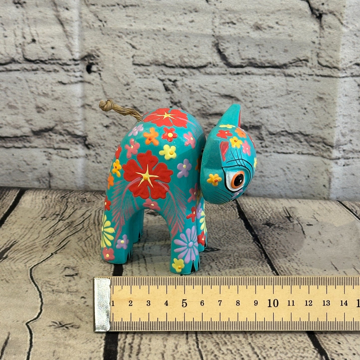 Blue Small Wooden Cat With Flower Pattern 10cm x 8cm Handmade and Fairtrade