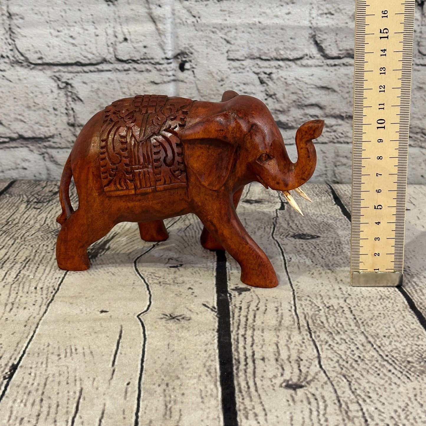 15cm x 10cm Carved Wooden Baby Elephant Wood Brown Sculpture Retro Handmade