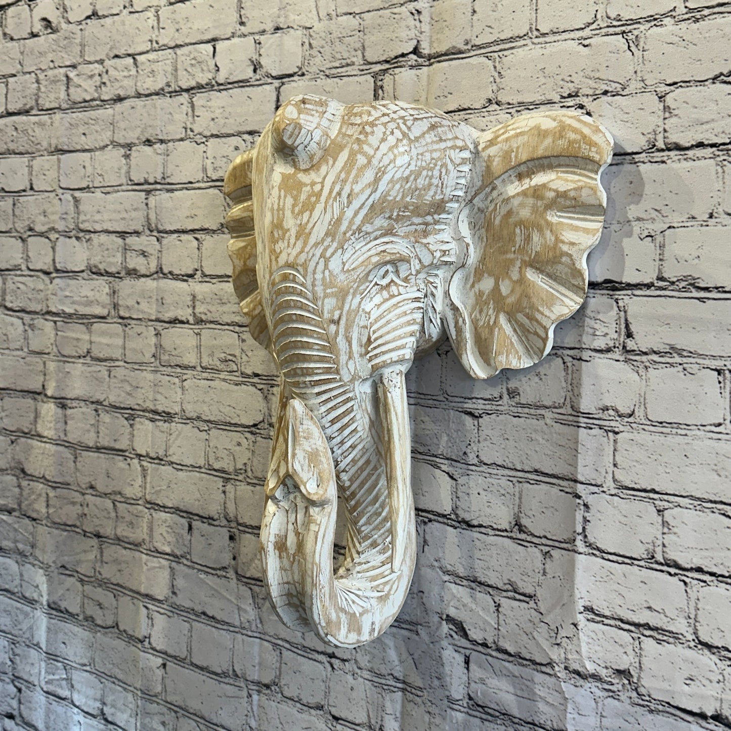 50cm x 40cm Cream White Carved Wood Elephant Head Wall Mounted Art Large Shabby