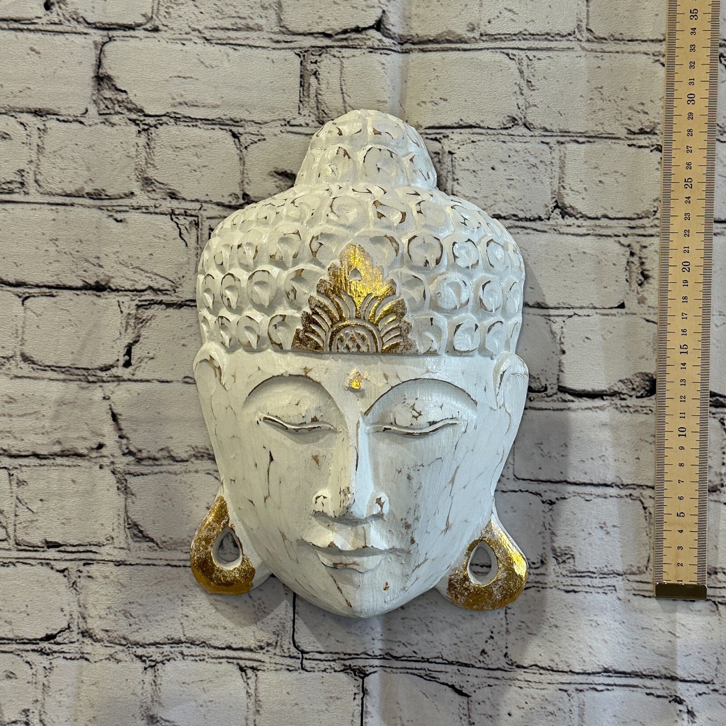30cm x 20cm White Buddha Head Mask Wooden Hanging Statue Figurine Ornament