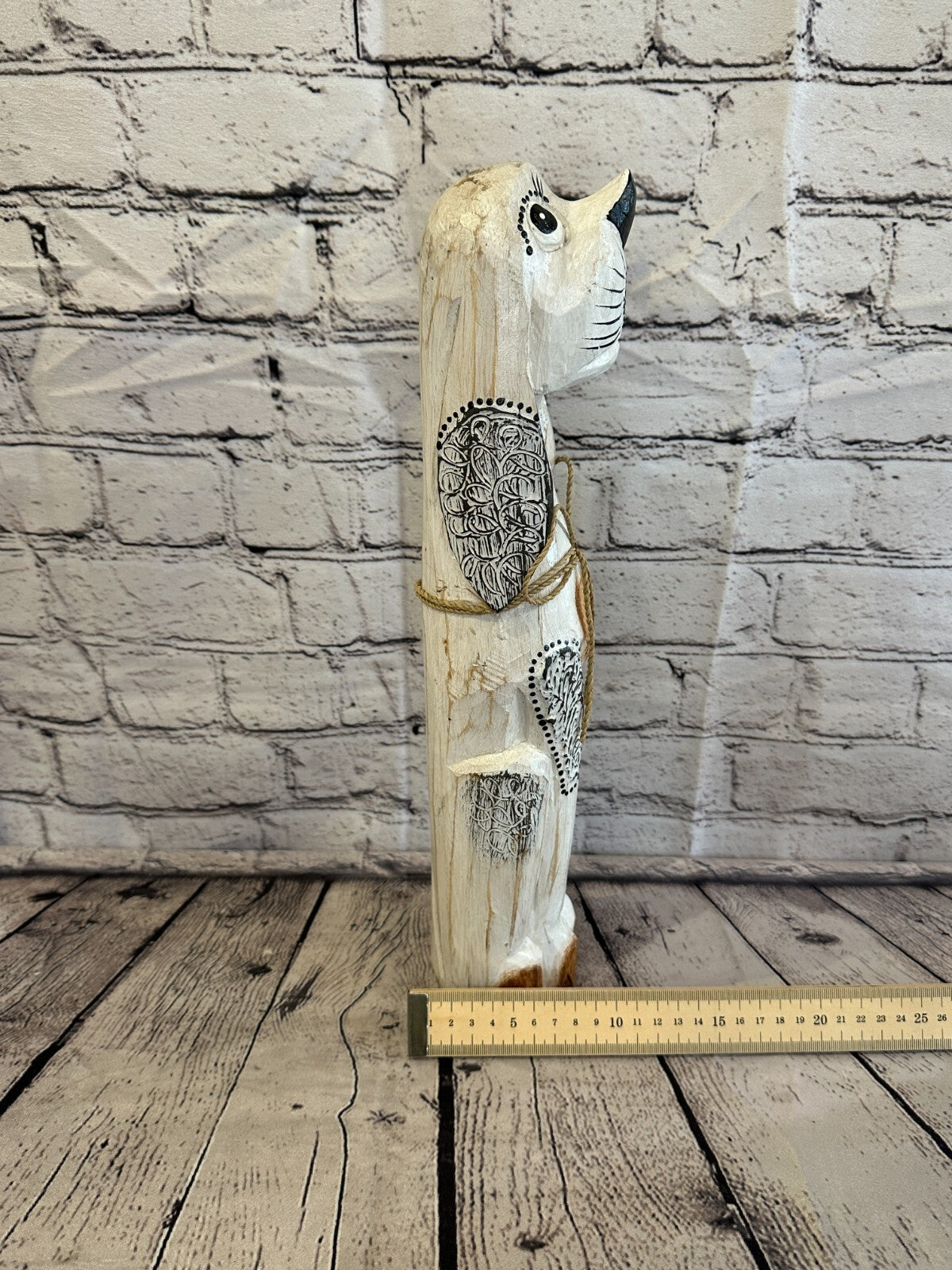 40cm White Flower Wooden Shabby Dog Statue Ornament Fair Trade Handcarved