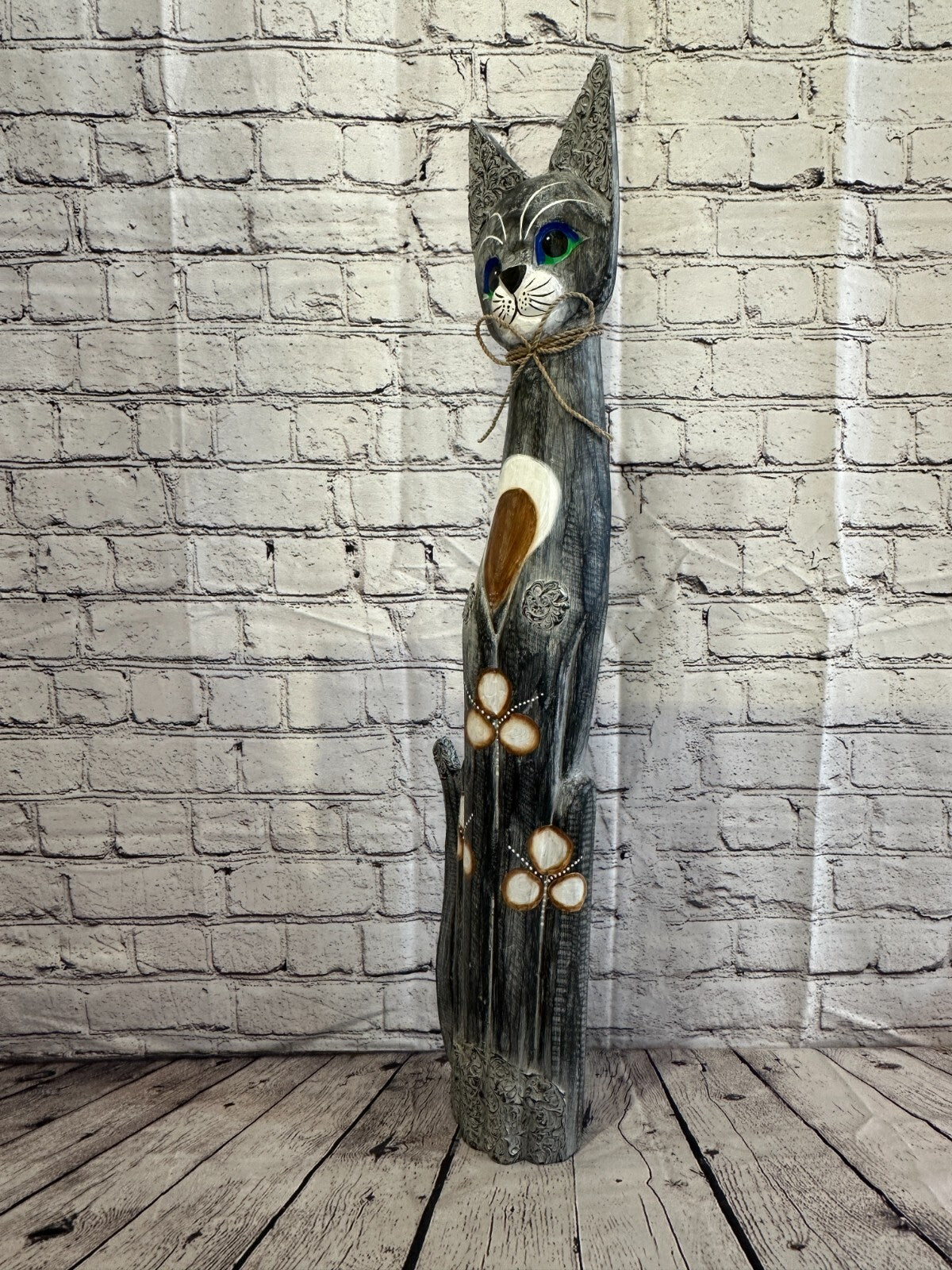 80cm Grey Swirl Flower Wooden Shabby Cat Statue Ornament Fair Trade Handcarved