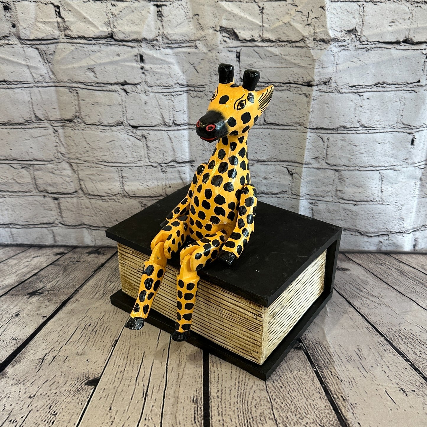 20cm Orange Giraffe Sitting Animal, Wooden Shelf Ornament Handmade & Fairtrade