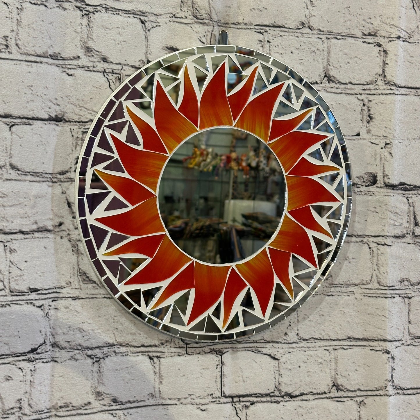 Red Flame Sun Mosaic Tile Wall Mirror 30cm x 30cm 12 Inches Handmade New