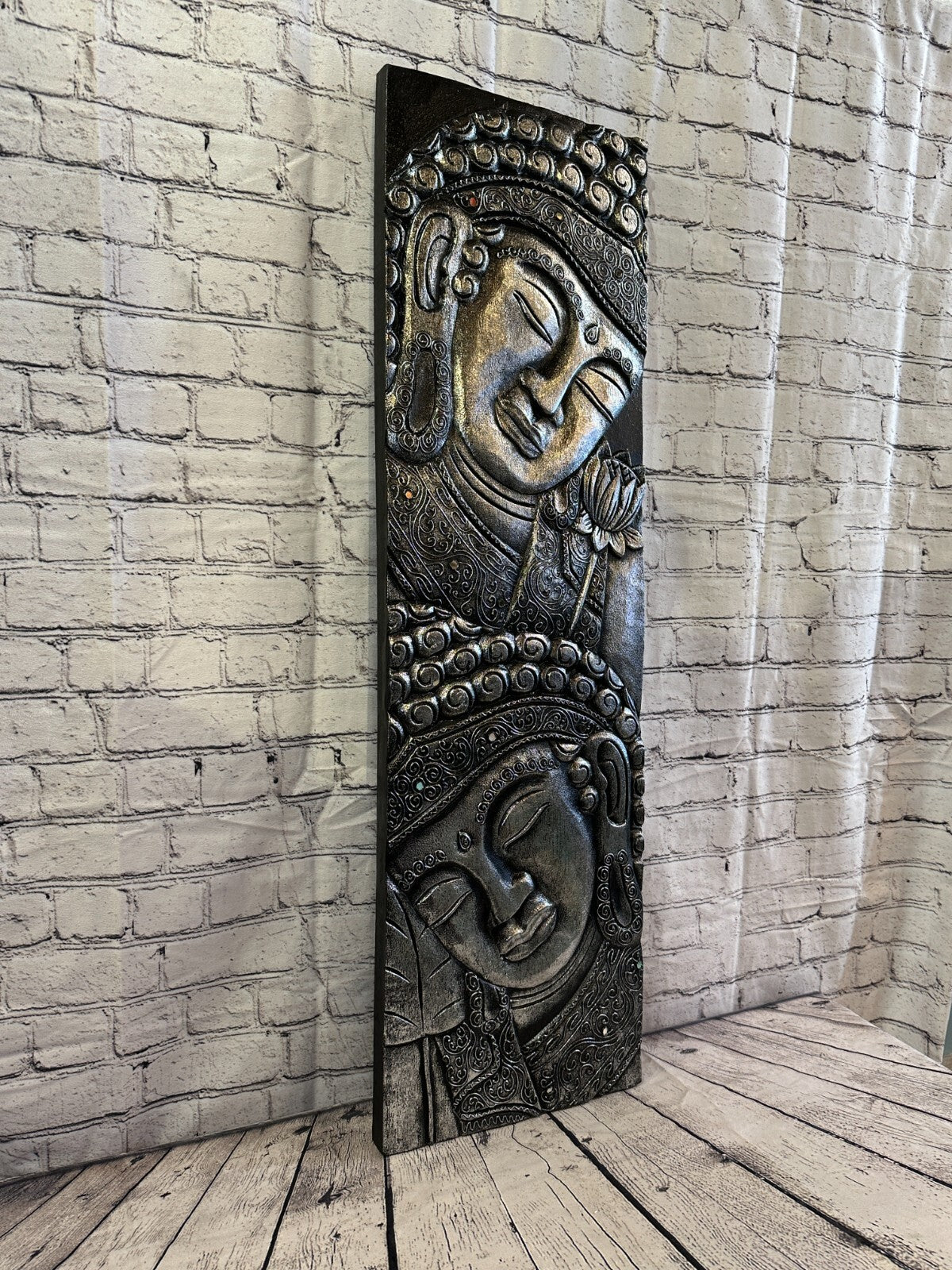 100cm x 30cm Tall Buddha 2 Faces Silver Wooden Wood Panel Wall Art Plaque