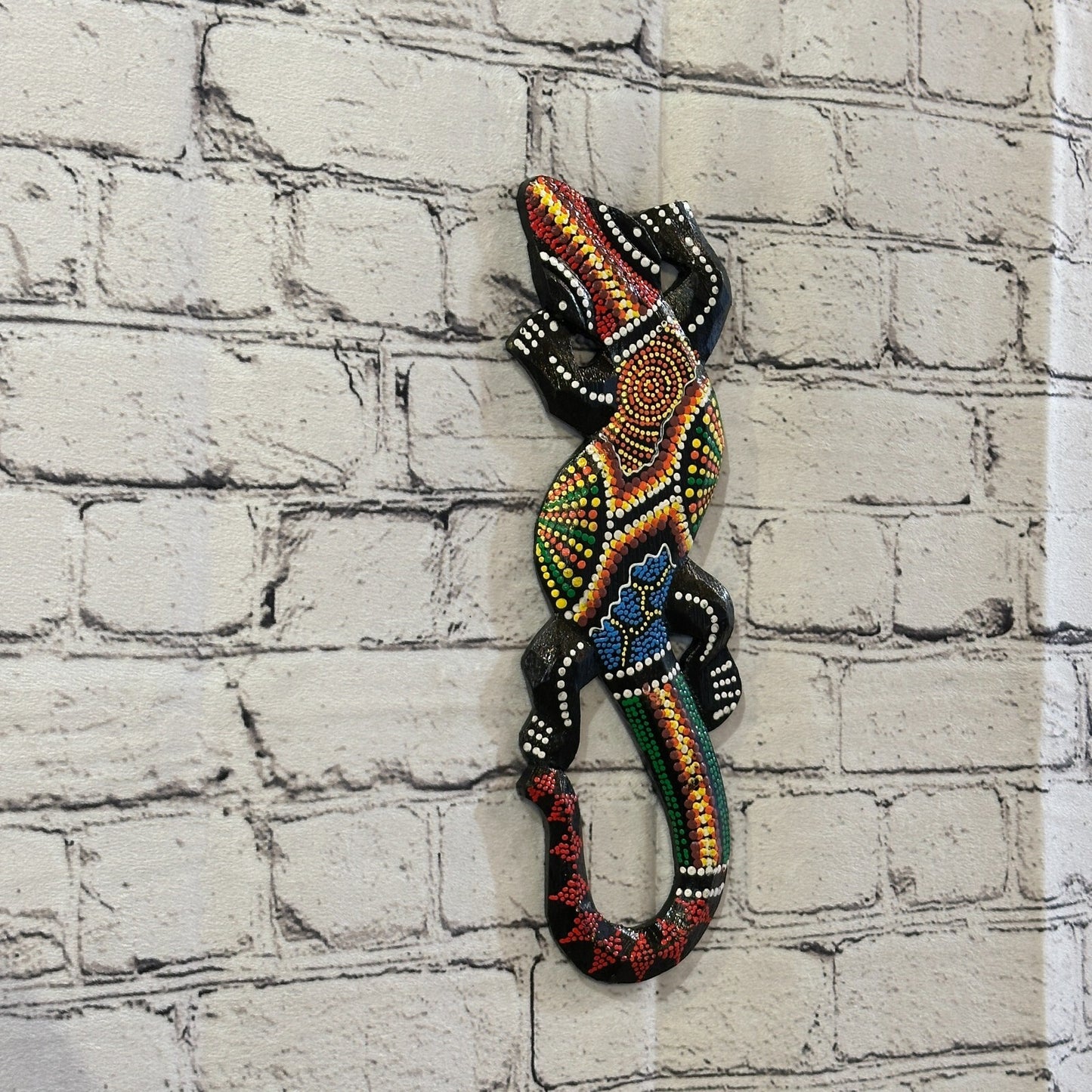 30cm Gecko Carved Wooden Dot Painted Ethnic Tribal Tiki Wall Handmade No 6