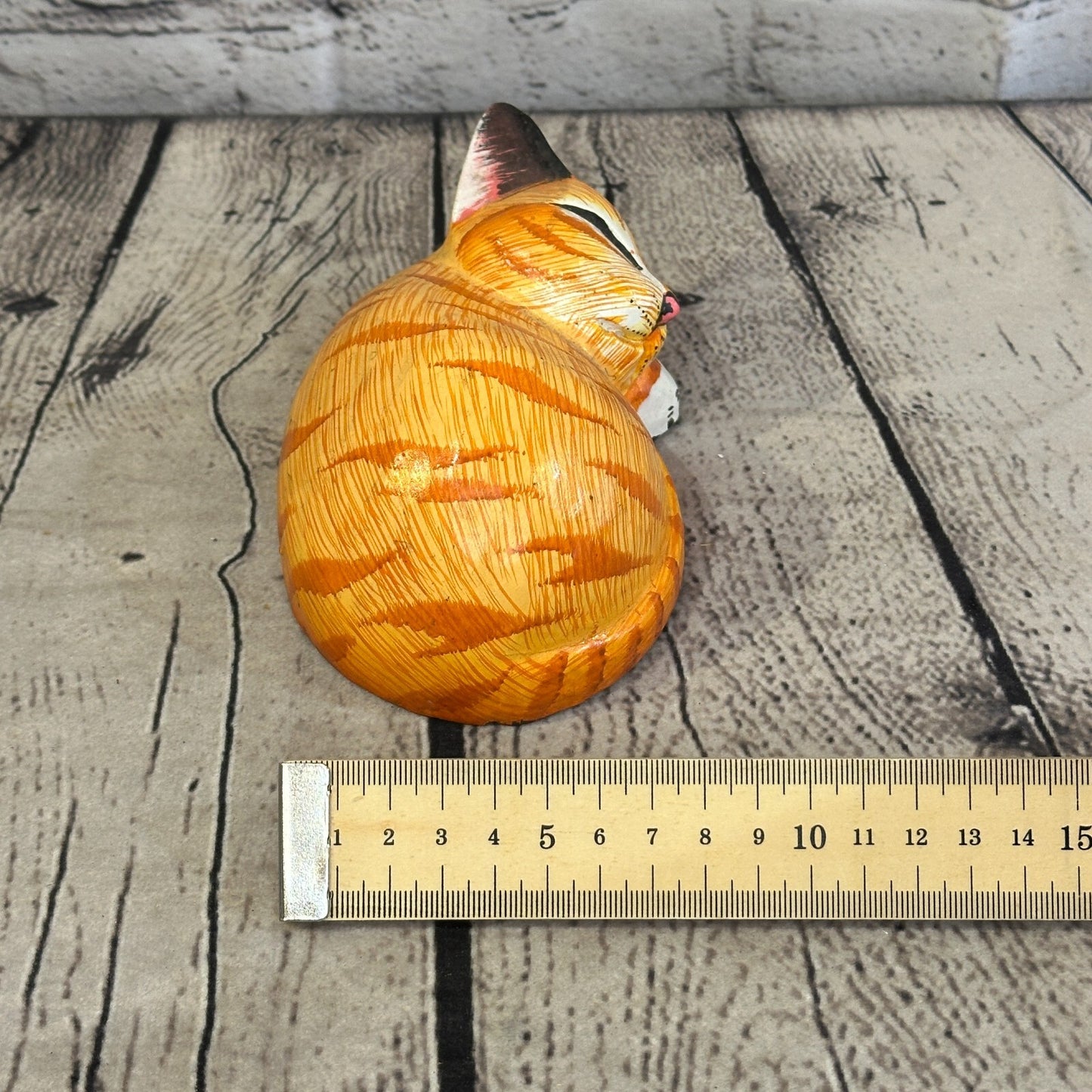 14cm Orange Style Painted Wooden Hand Carved Snoozing Cat Sleeping Cat Wooden