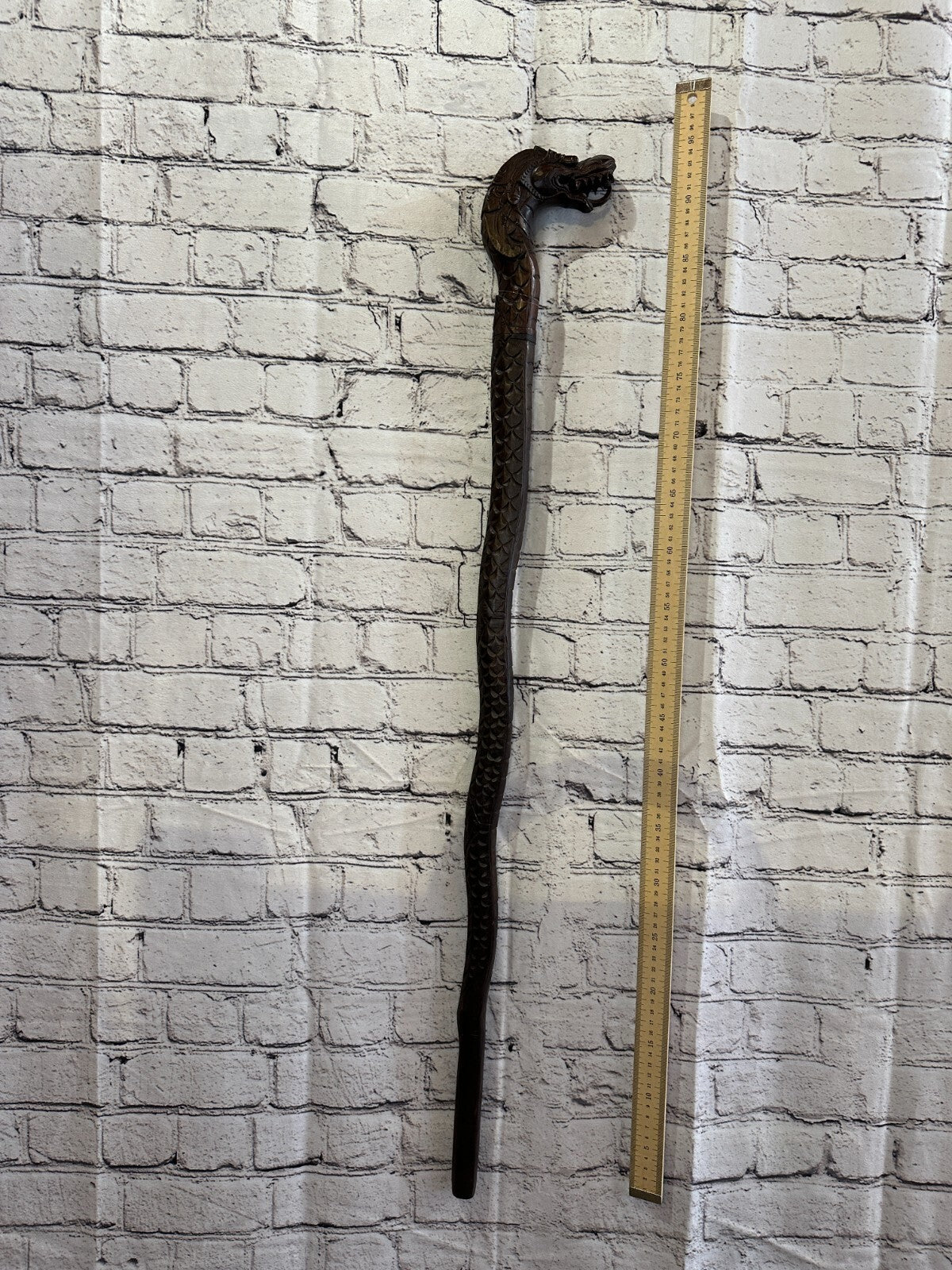 Chinese Dragon 90cm Tribal African Walking Stick Cane Hand Carved Dark Wood