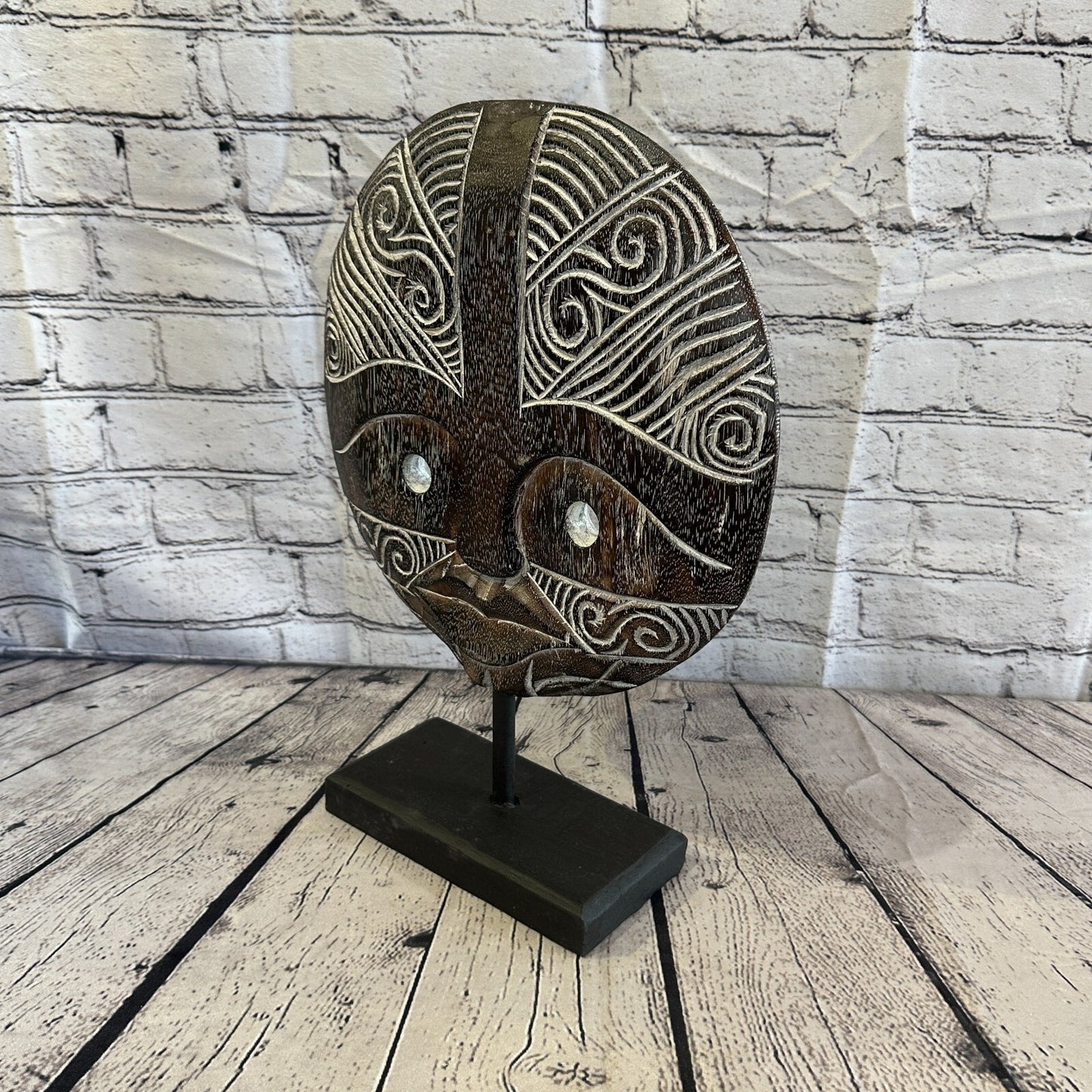 40cm x 35cm Wooden Tribal Primitive Black Mask Stand Sculpture Statue Art