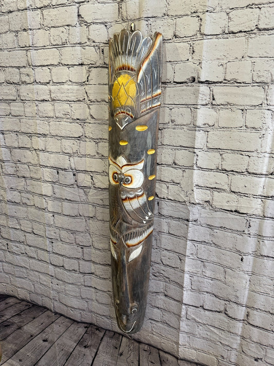 100cm Light Grey Owl Hand Carved Fair Trade Wooden Animal Wall Art Hang Mask