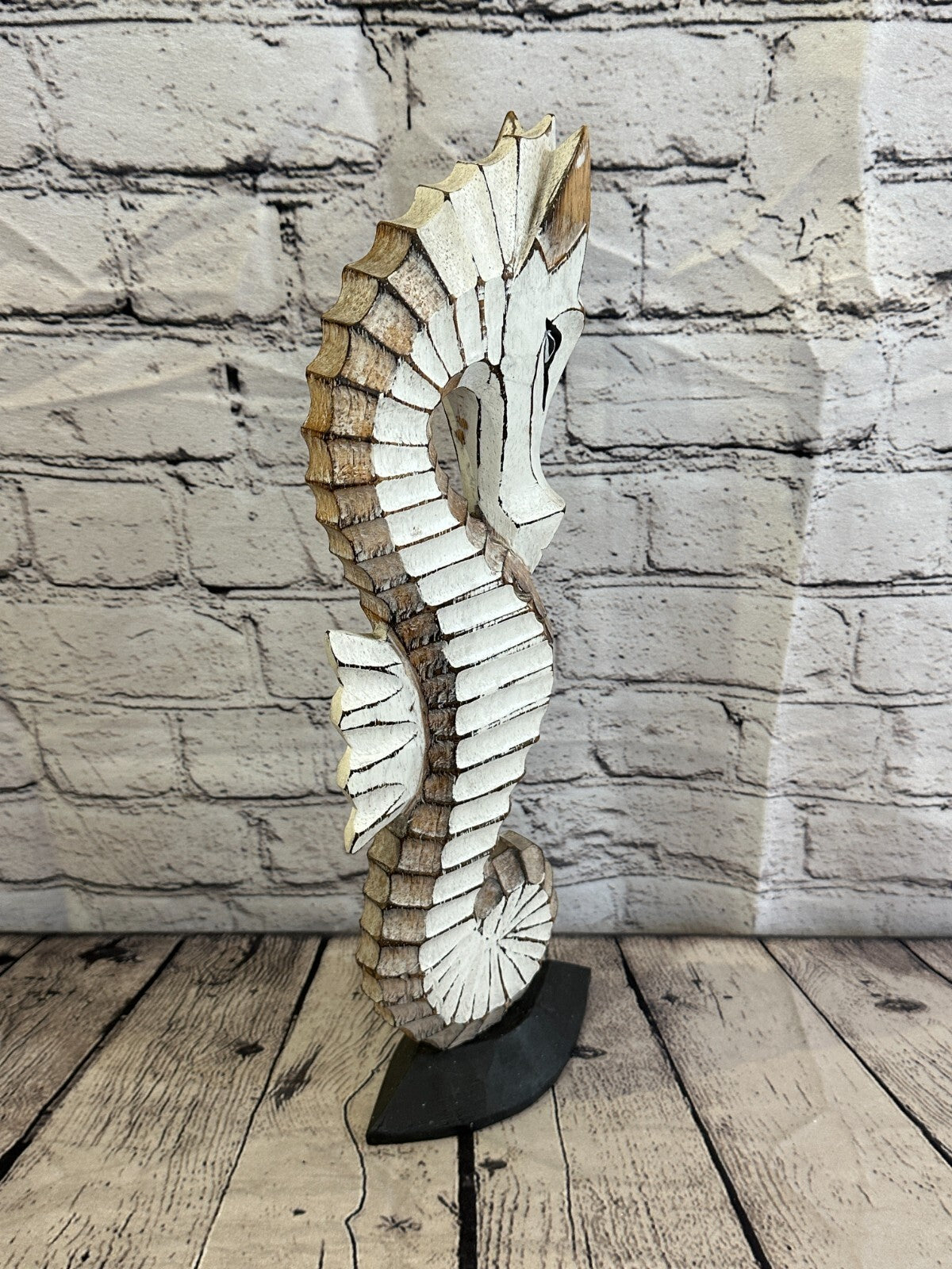 40cm White Brown Wooden Shabby Seahorse Statue Ornament Fair Trade Handcarved
