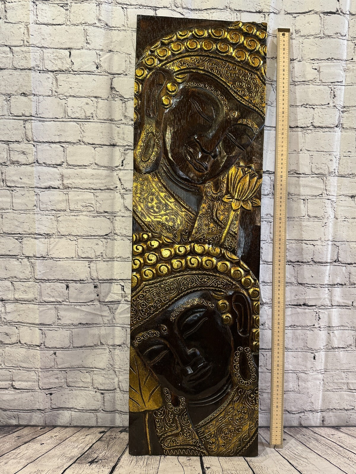 100cm x 30cm Tall Buddha 2 Faces Brown Wooden Wood Panel Wall Art Plaque