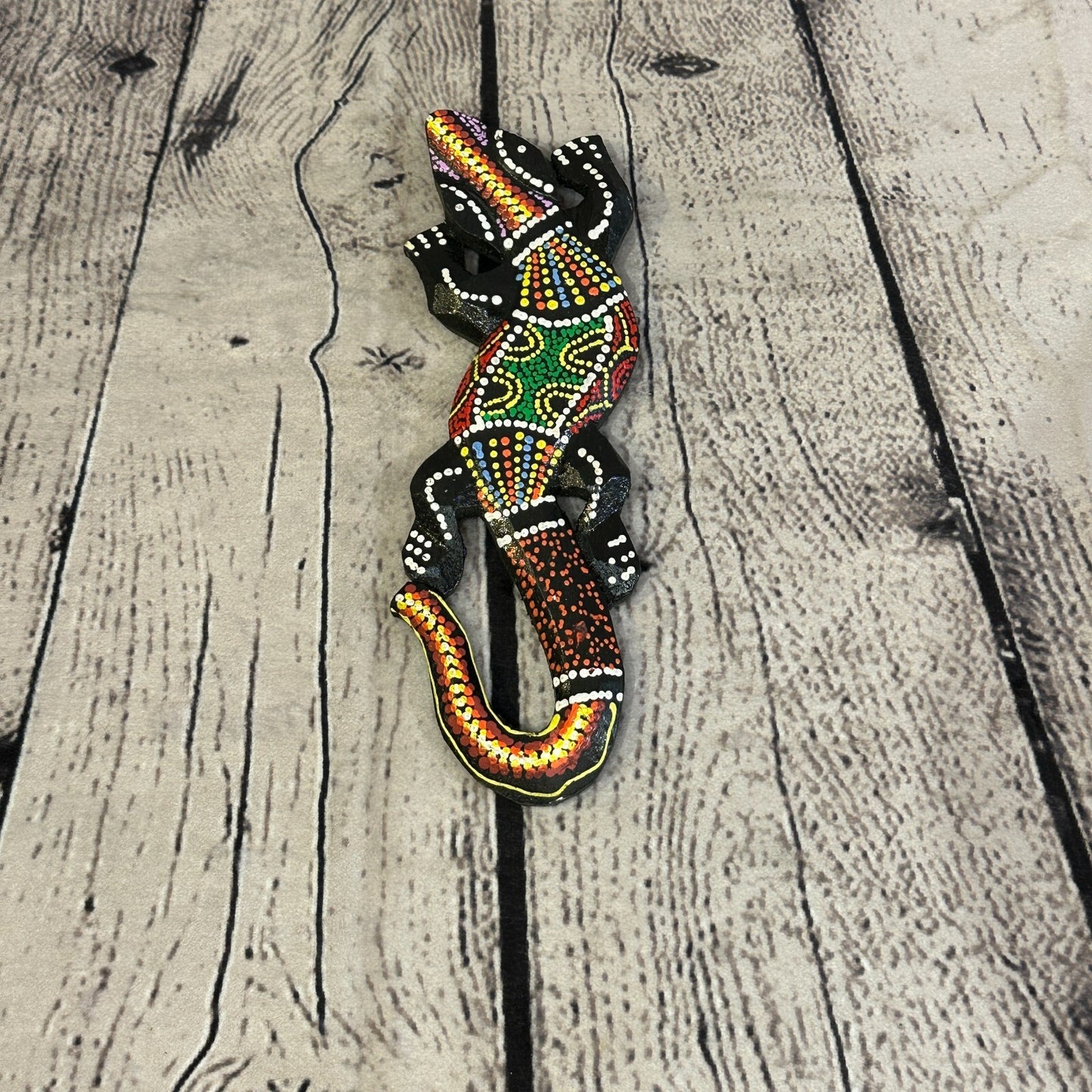20cm Gecko Carved Wooden Dot Painted Ethnic Tribal Tiki Wall Handmade No 6