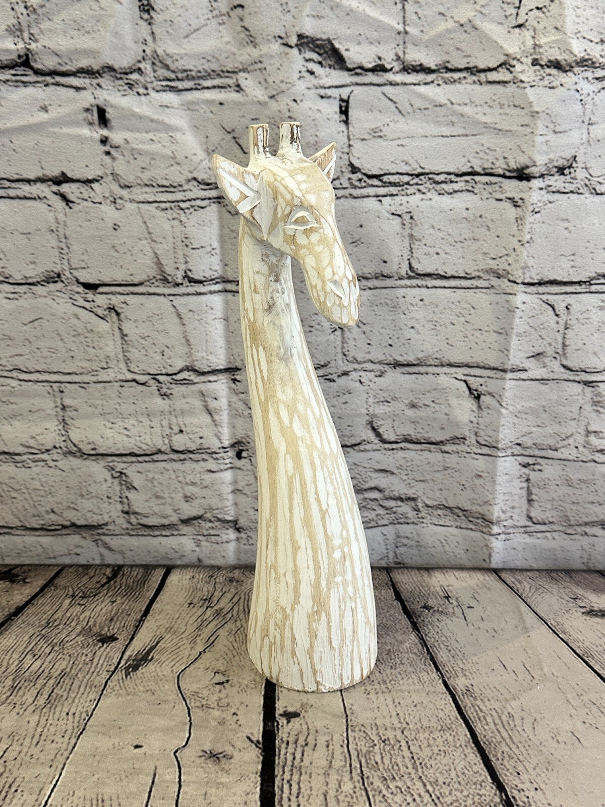 White Wooden Giraffe Head With Shabby Pattern 30cm x 10cm Handmade and Fairtrade