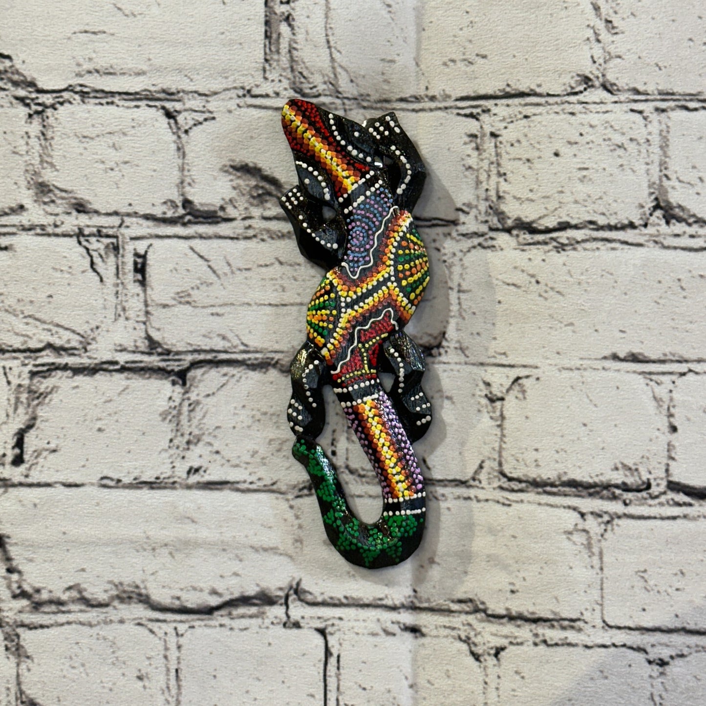 20cm Gecko Carved Wooden Dot Painted Ethnic Tribal Tiki Wall Handmade No 7